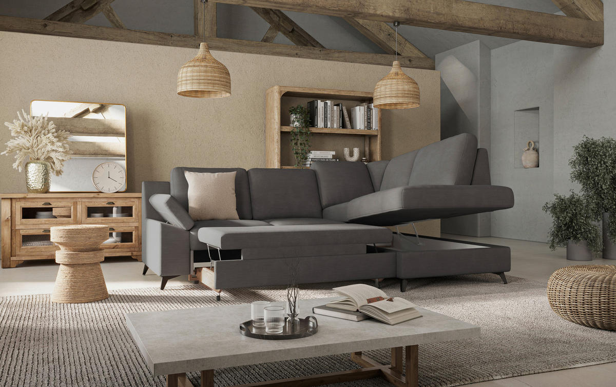 ECKSOFA in Flachgewebe Dunkelgrau  - Dunkelgrau/Schwarz, Konventionell, Textil/Metall (242/170cm) - Cotta