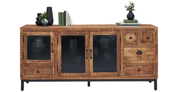 SIDEBOARD Mangoholz massiv Braun, Schwarz Einlegeböden  - Schwarz/Braun, LIFESTYLE, Holz/Metall (185/85/40cm) - Landscape