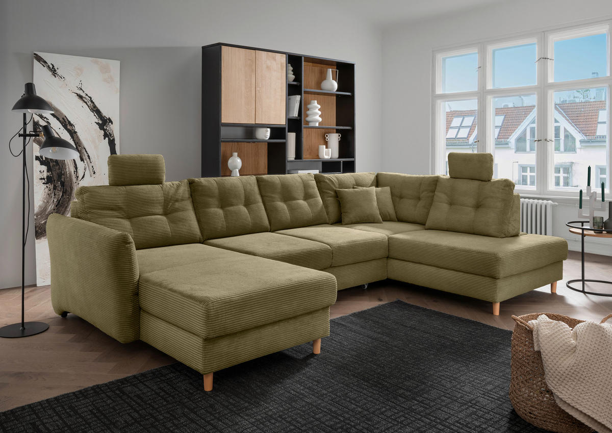 WOHNLANDSCHAFT in Cord Olivgrün  - Naturfarben/Olivgrün, Modern, Holz/Textil (176/338-352/206cm) - Livetastic