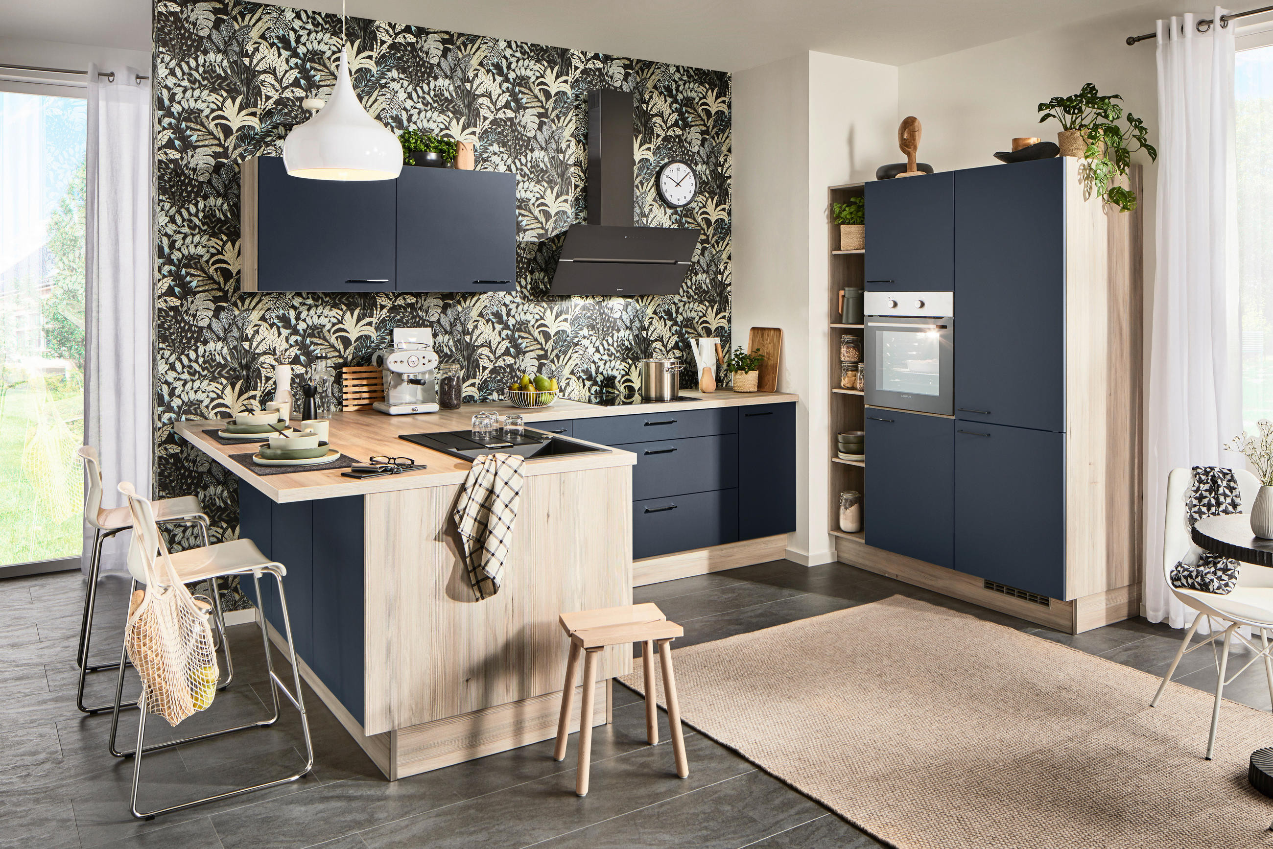ECKKÜCHE  in Blau, Tannenholzfarben  - Blau/Tannenholzfarben, Design, Holzwerkstoff/Metall (121,6/280/150cm) - Xora