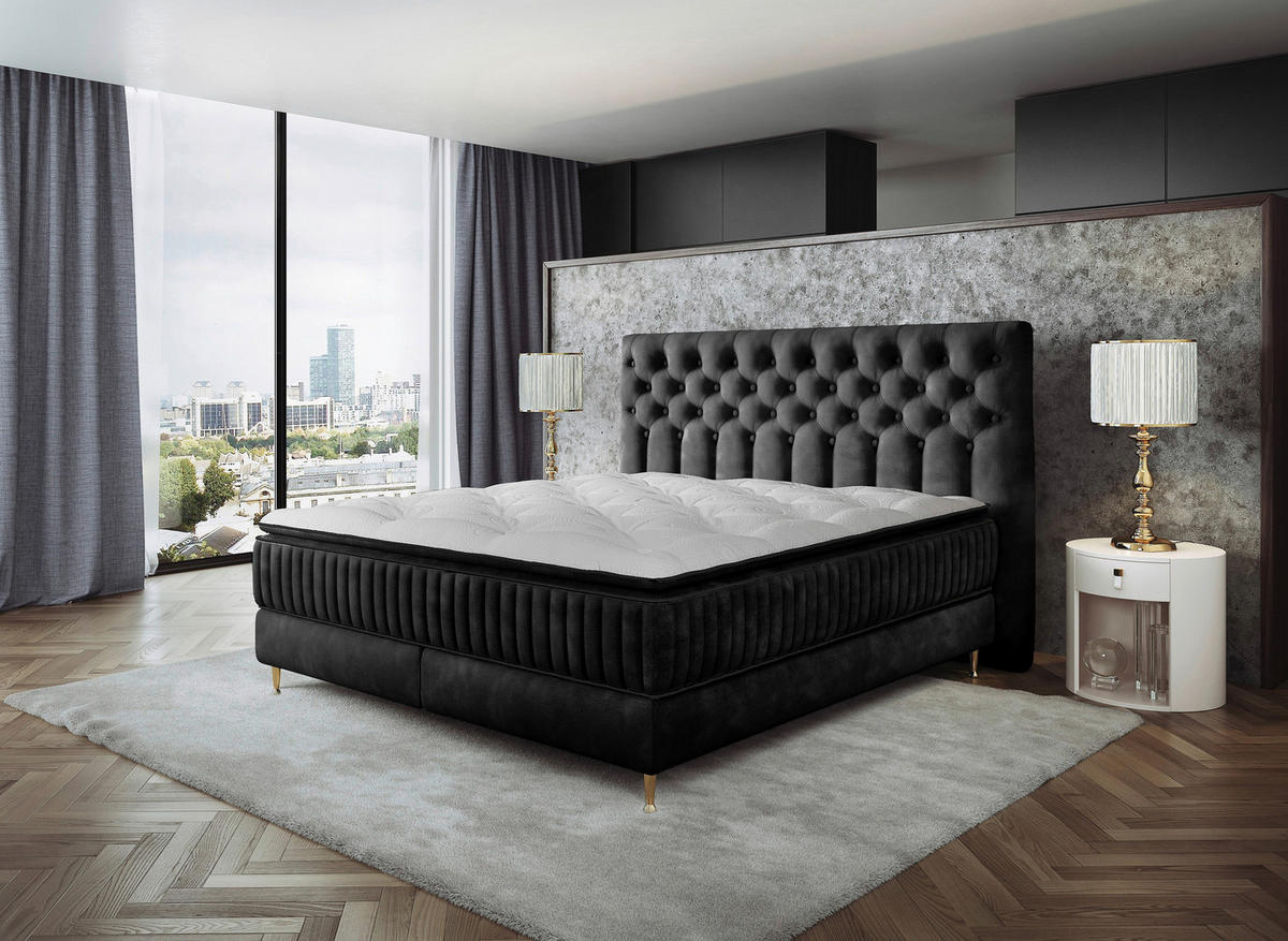 BOXSPRINGBETT 180/200 cm,  in Schwarz, Matratze, gepolstertes Kopfteil, Topper,  - Goldfarben/Schwarz, Design, Textil/Metall (180/200cm) - Boxxx