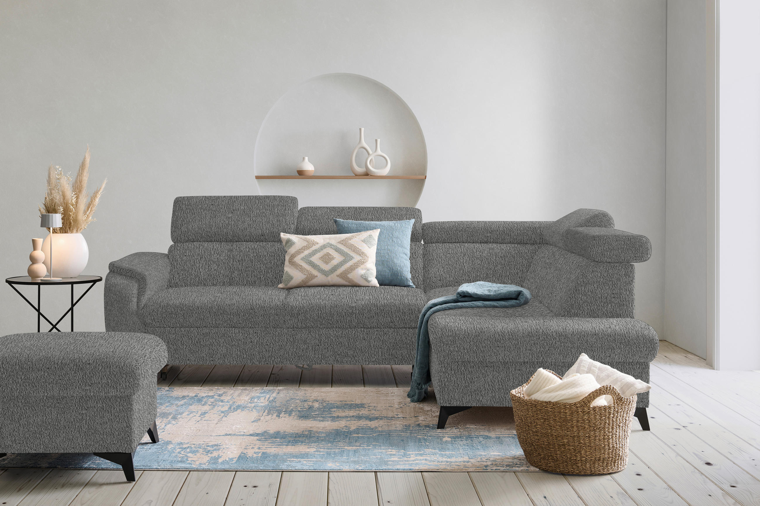 ECKSOFA in Teddystoff Grau  - Schwarz/Grau, Design, Textil/Metall (260/203cm) - Stylife