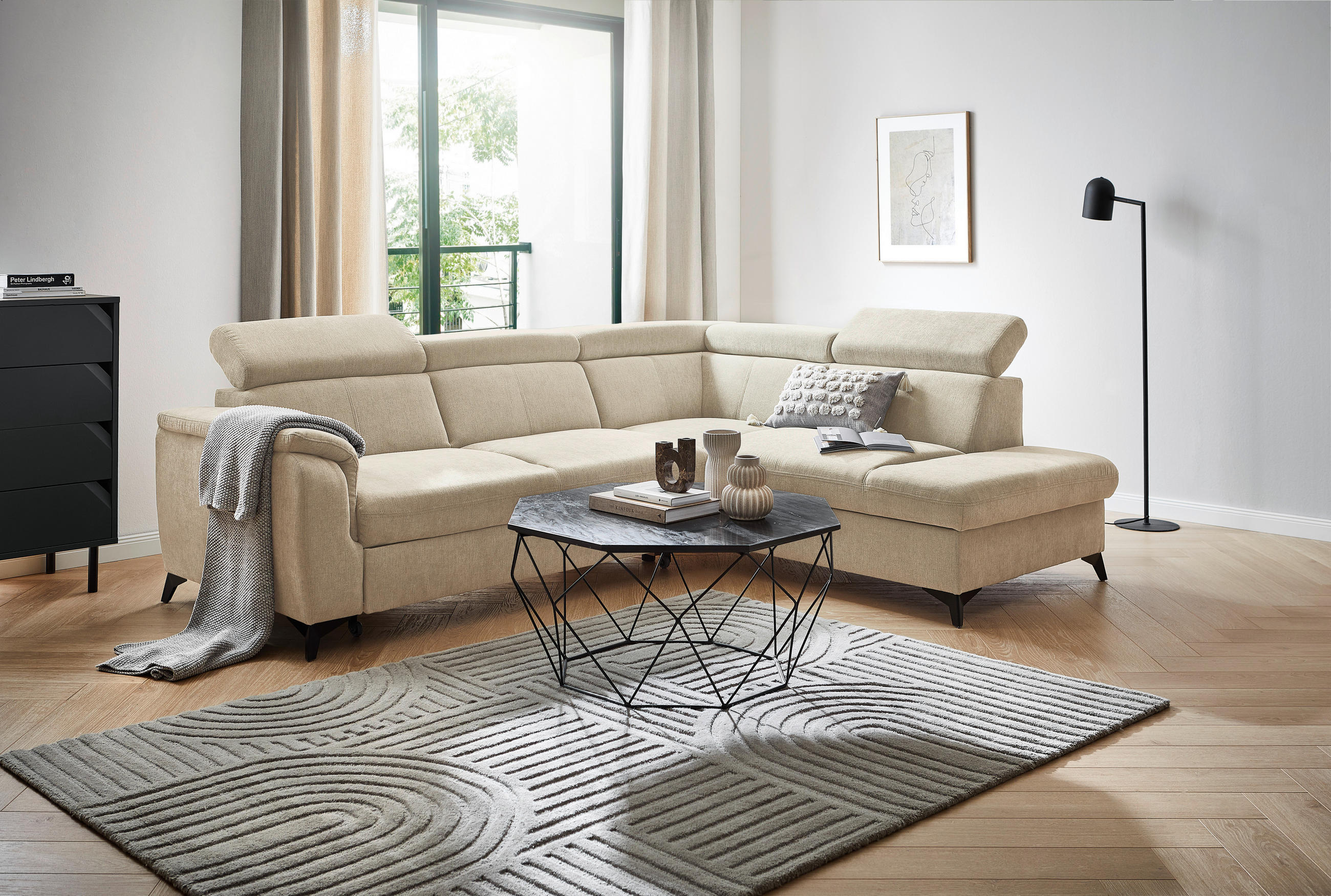 Ecksofa inkl. Funktionen in Chenille Naturfarben  - Schwarz/Naturfarben, Design, Textil/Metall (260/203cm) - Stylife