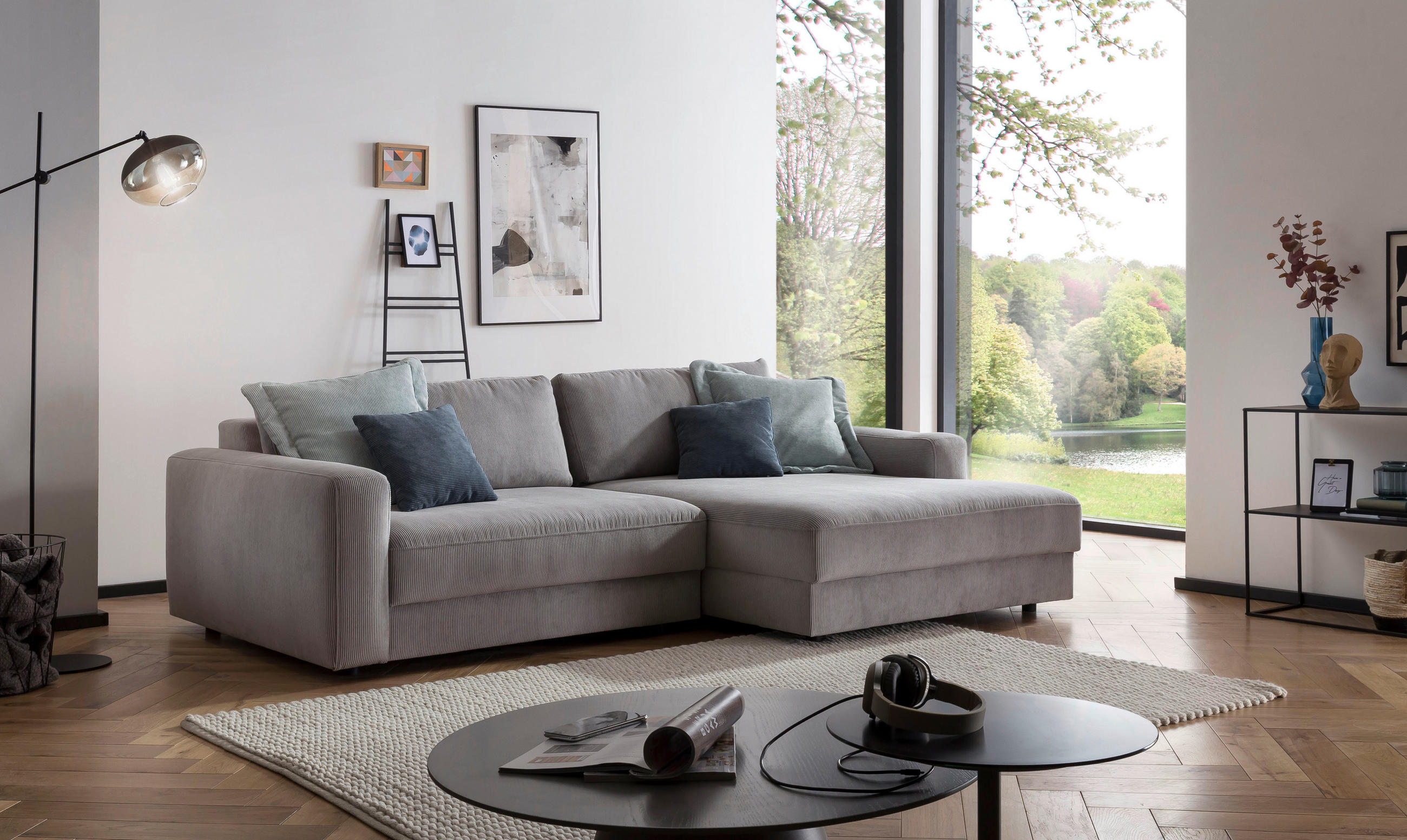 Thumbnail - Trendmanufaktur Ecksofa Bourbon, Grau, Textil, 4-Sitzer, Füllung: Schaumstoff, Silikon, Ottomane rechts, L-Form, 250x176...