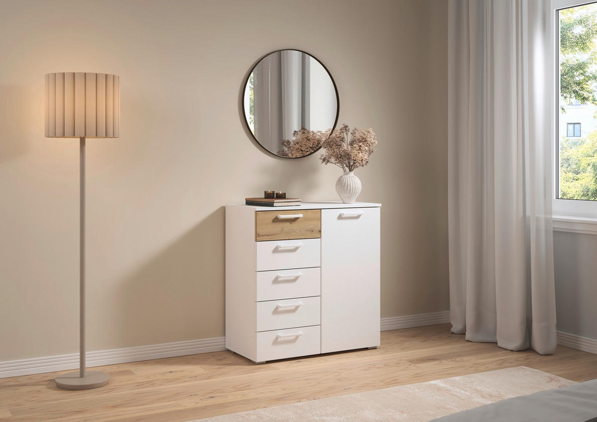 KOMMODE , 80/84/40 cm, 5 Schublade(n)  - Eiche Artisan/Weiß, MODERN, Holzwerkstoff/Kunststoff (80/84/40cm) - Rauch Möbel