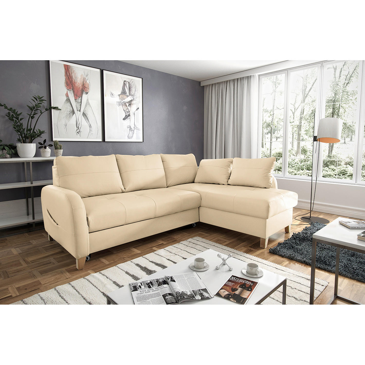 ECKSOFA Beige Echtleder Lederlook  - Beige/Buchefarben, Design, Leder/Holz (227/168cm) - Livetastic