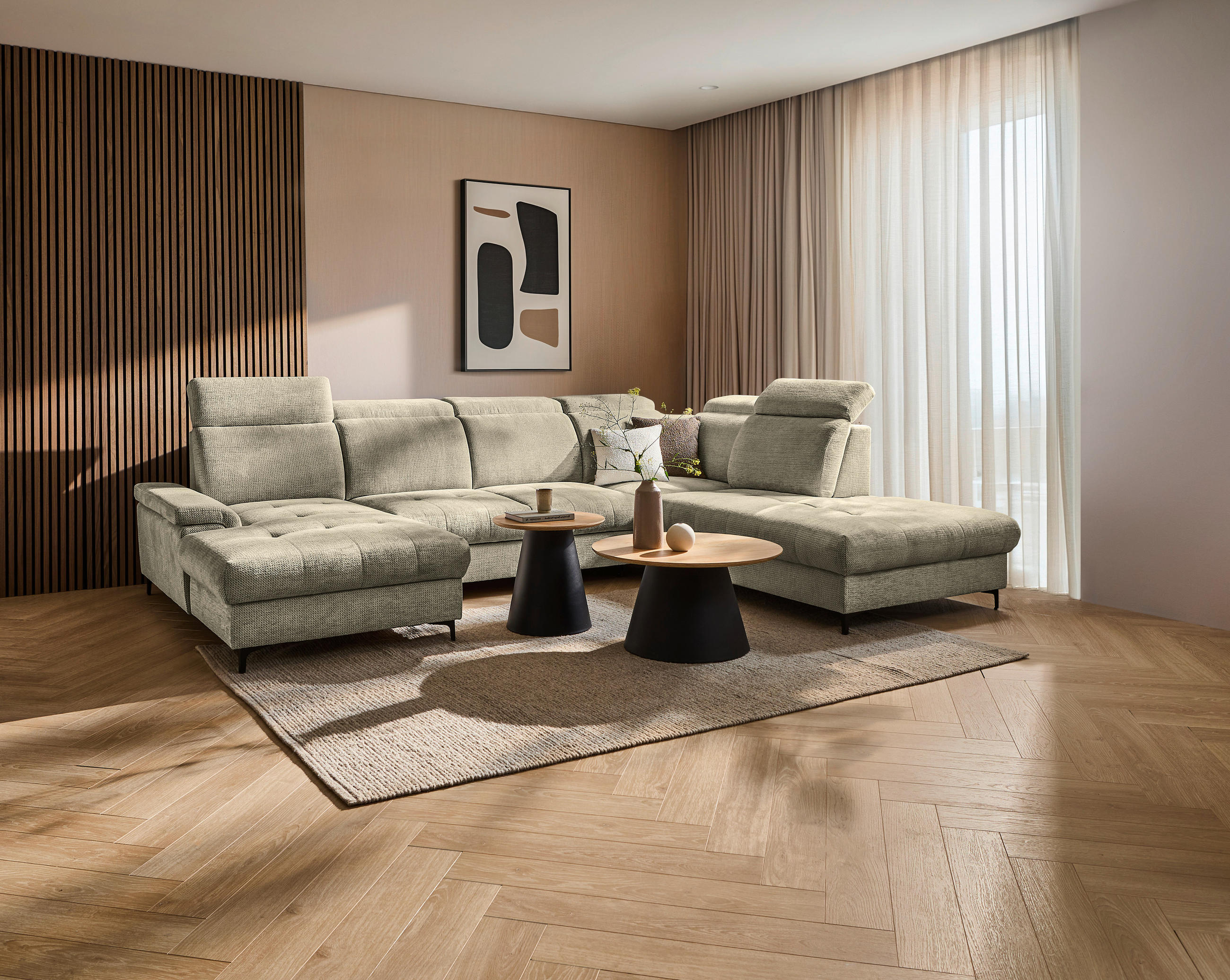 WOHNLANDSCHAFT Beigebraun Struktur  - Beigebraun/Schwarz, Design, Textil/Metall (190/364/270cm) - Stylife