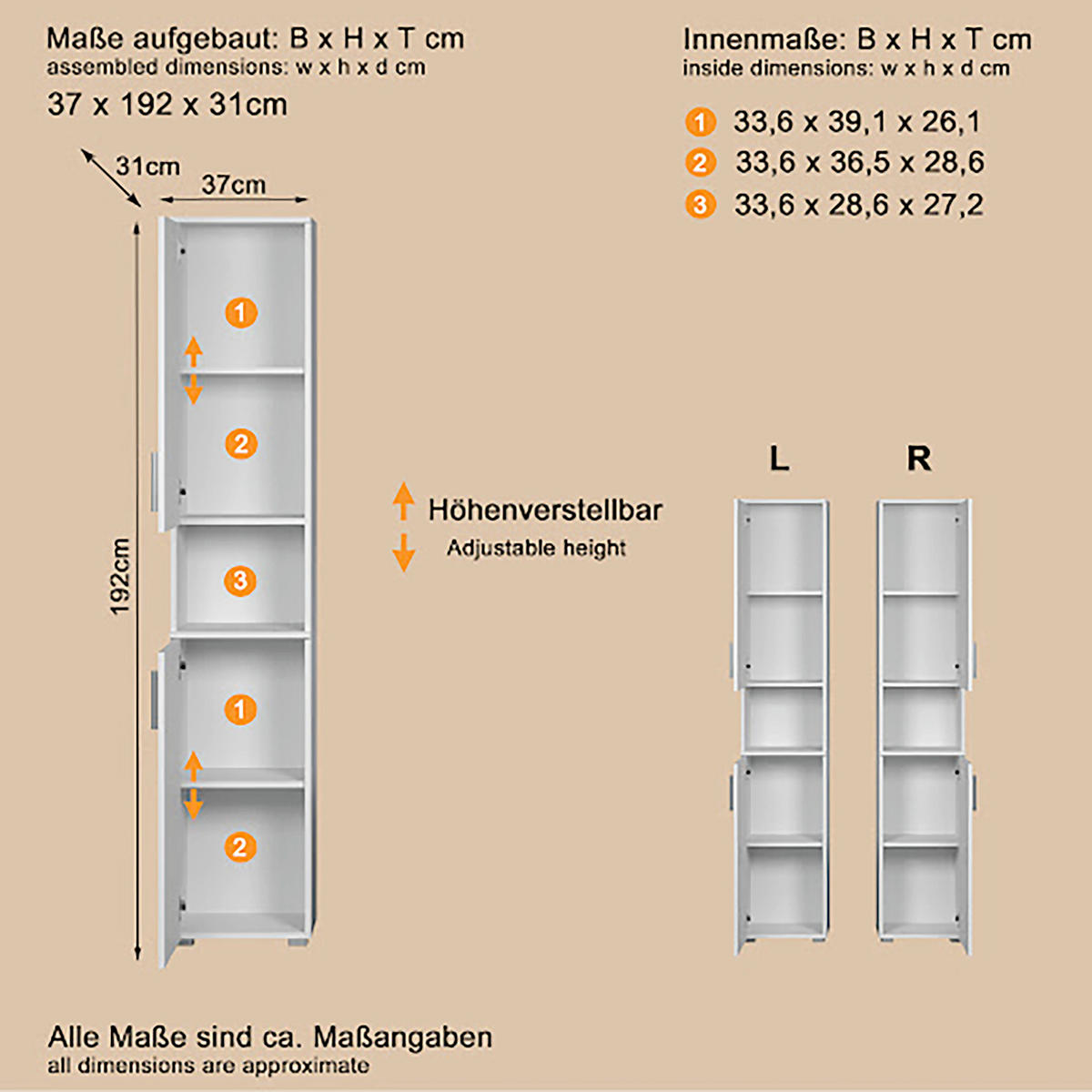 HOCHSCHRANK 37/192/31 cm  - Weiß Hochglanz/Silberfarben, Trend, Holzwerkstoff/Kunststoff (37/192/31cm) - MID.YOU