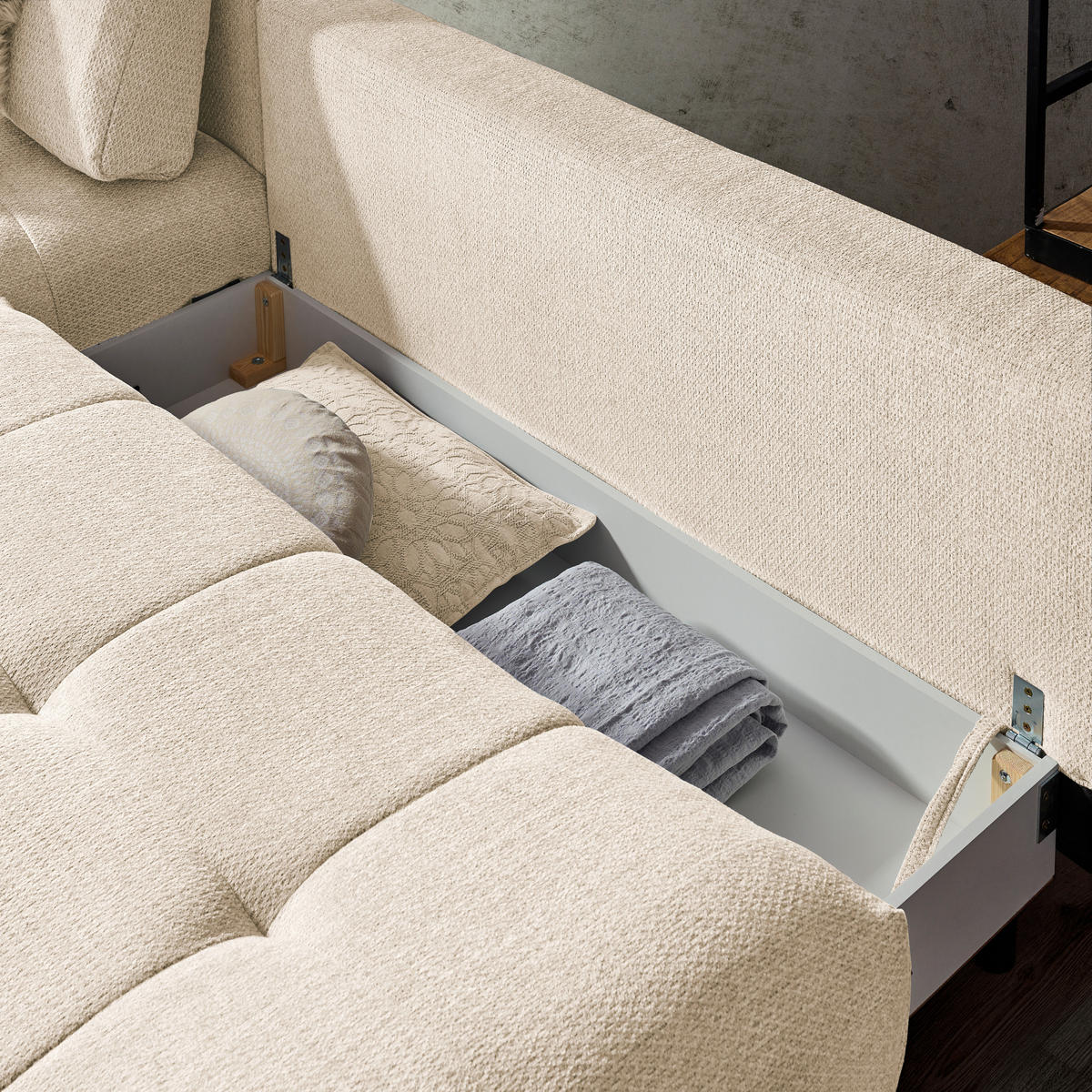 ECKSOFA in Chenille Creme  - Creme/Schwarz, Modern, Textil/Metall (182/290cm) - Hom`in
