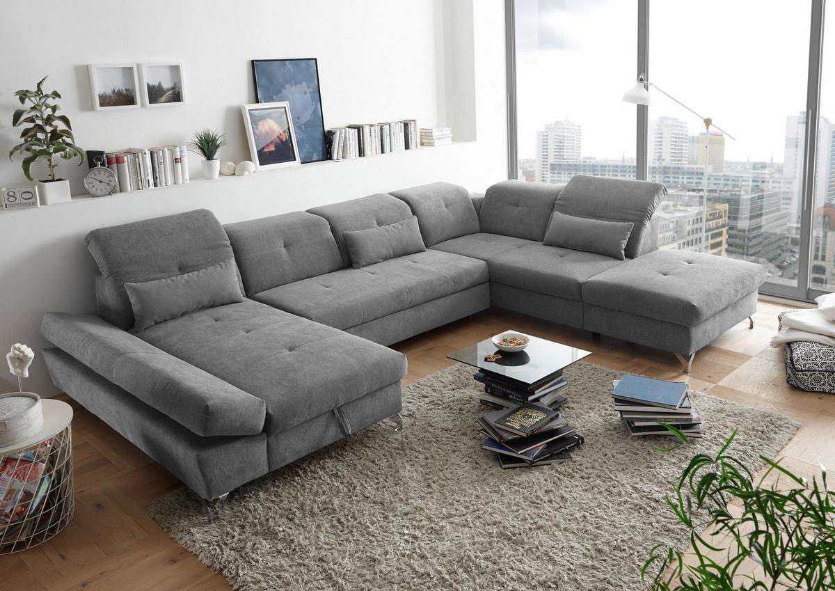 WOHNLANDSCHAFT in Mikrovelours Schlammfarben  - Schlammfarben/Silberfarben, Modern, Textil/Metall (168/350/245cm) - MID.YOU