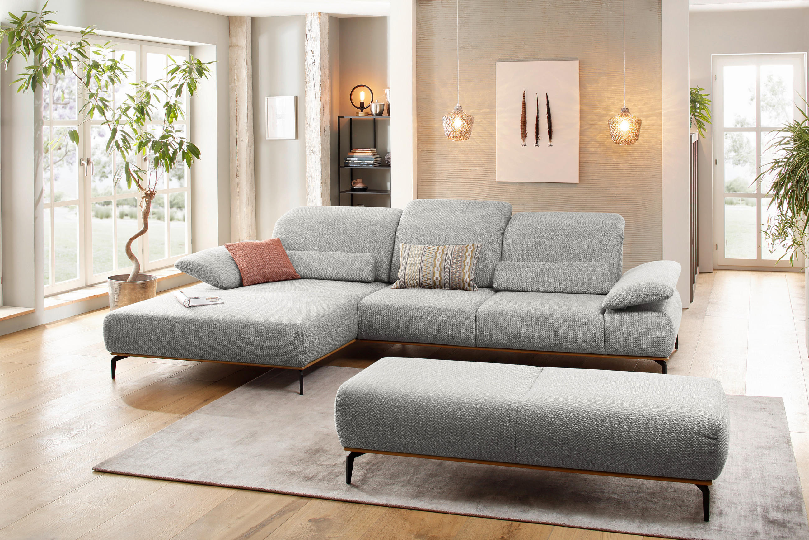 ECKSOFA in Flachgewebe Hellgrau - Hellgrau/Schwarz, Natur, Holz/Textil (195/322cm) - Chilliano