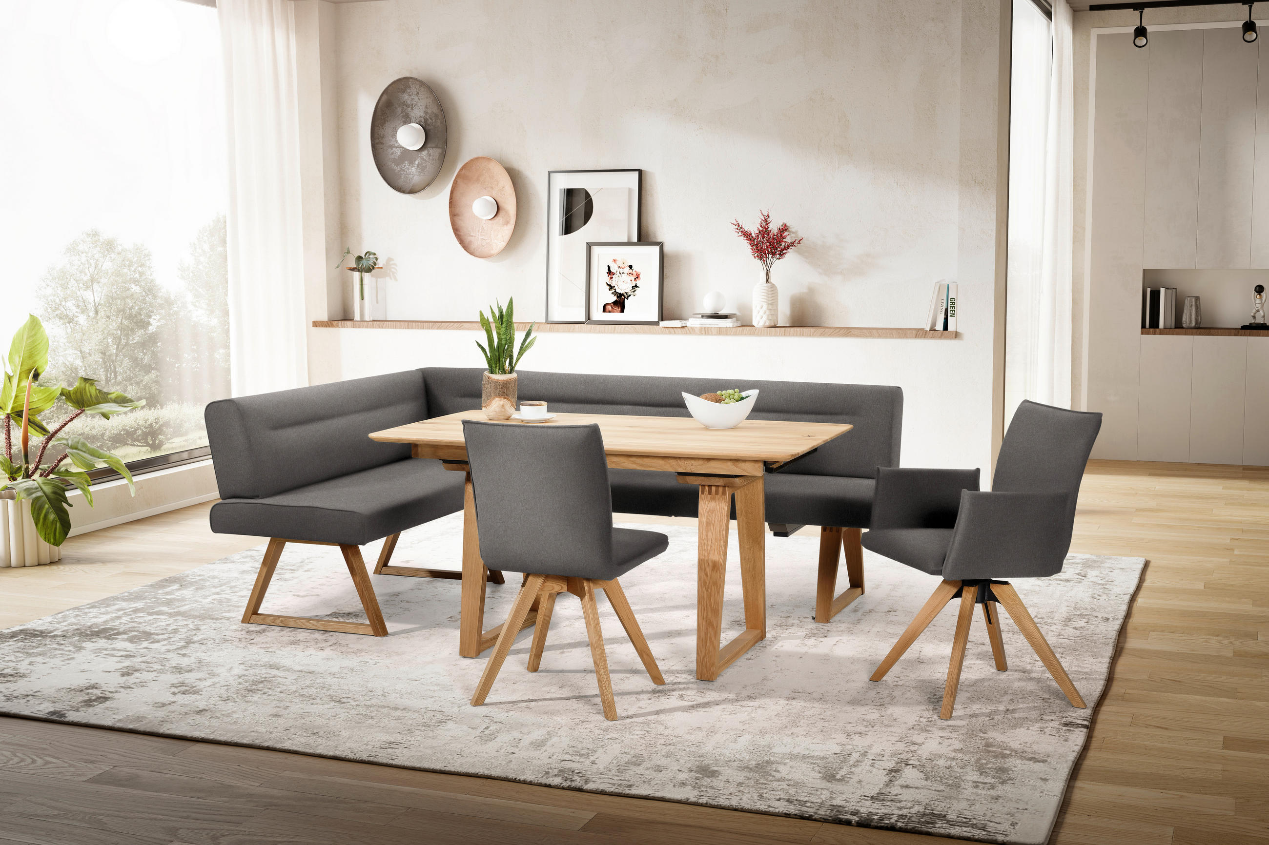 ECKBANK 170/230 cm Mikrofaser, Lederlook (vegan) Eichefarben, Dunkelgrau Wildeiche massiv   - Eichefarben/Dunkelgrau, KONVENTIONELL, Holz/Textil (170/230cm) - Moderano