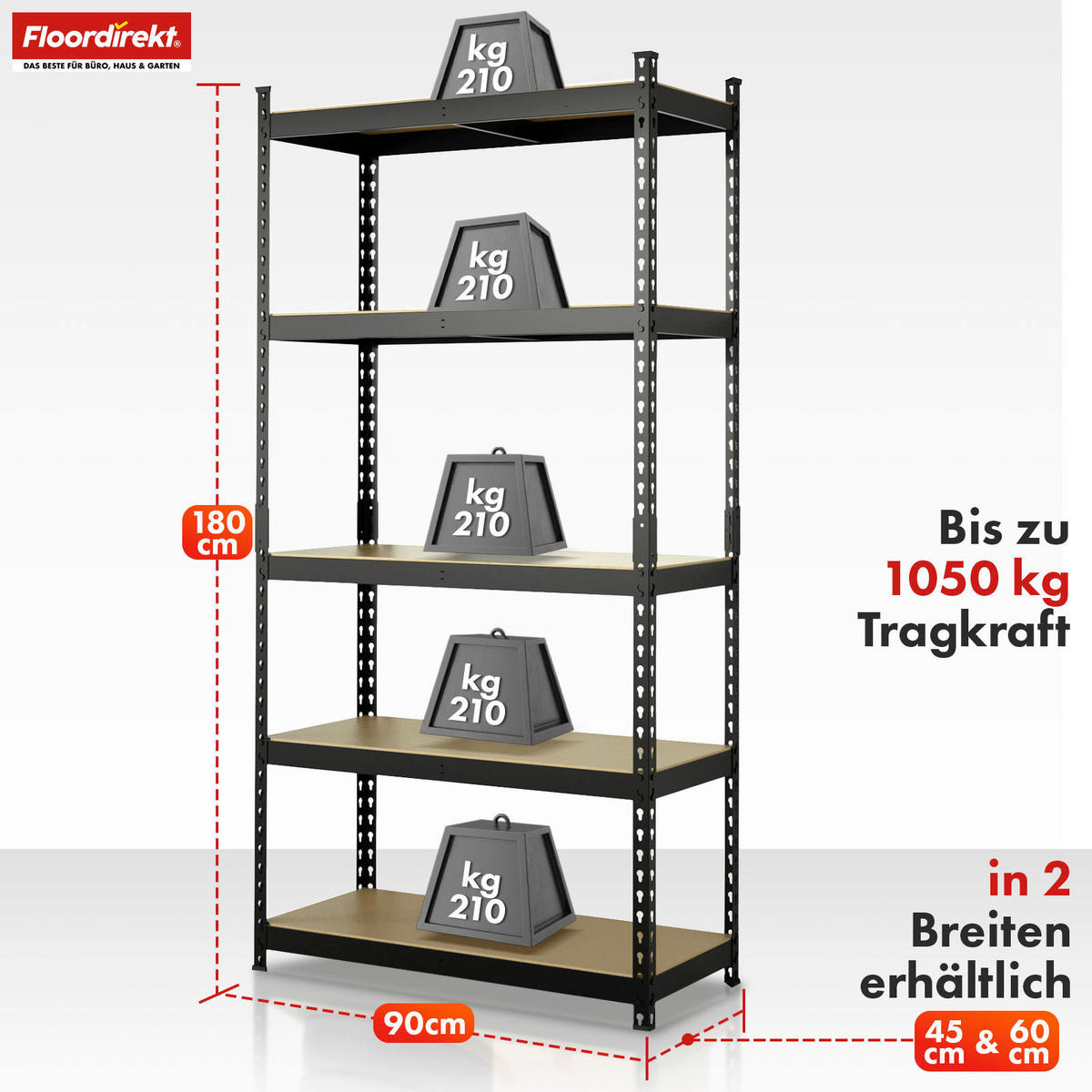 SCHWERLASTREGAL 90/180/60 cm  - Schwarz, Basics, Naturmaterialien/Metall (90/180/60cm) - Floordirekt