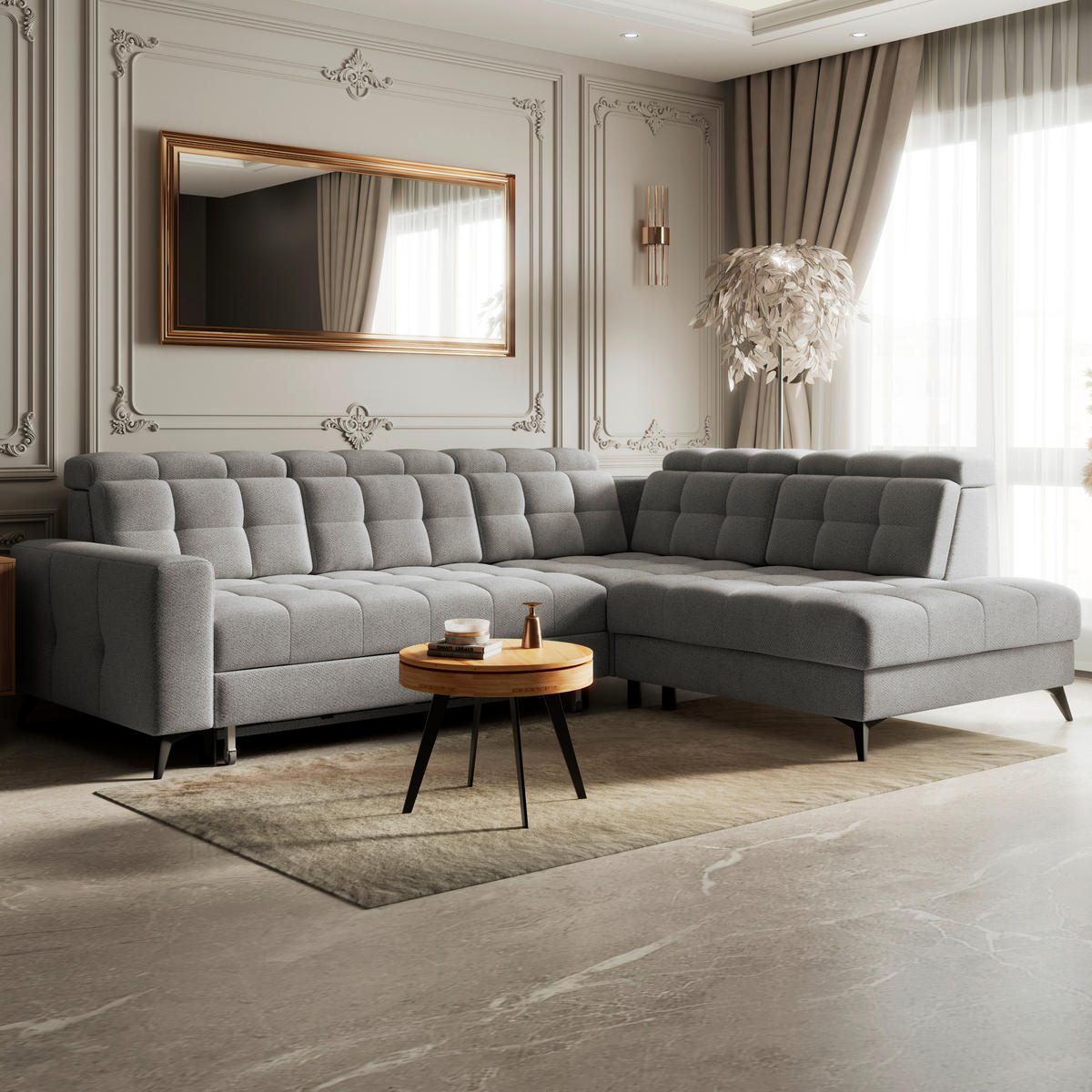 ECKSOFA BARLETTA NEW Hellgrau Velours Bettkasten, Kopfteilverstellung, Sitztiefenverstellung, Liegefläche im Originalstoff  - Hellgrau/Schwarz, ROMANTIK / LANDHAUS, Textil/Metall (289/228cm) - MID.YOU