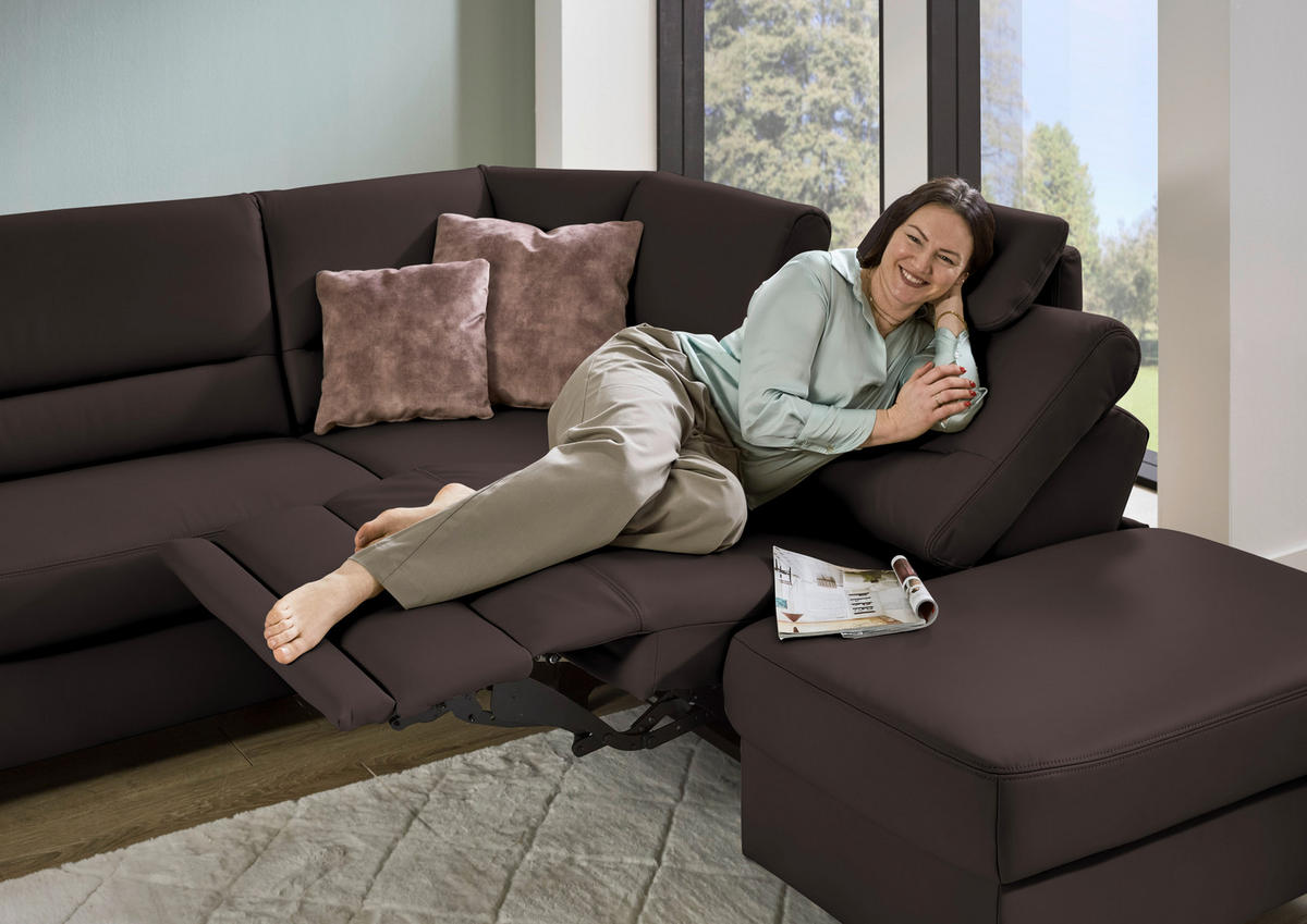 ECKSOFA Echtleder Mokka  - Schwarz/Mokka, Konventionell, Leder/Metall (290/249cm) - Beldomo Premium