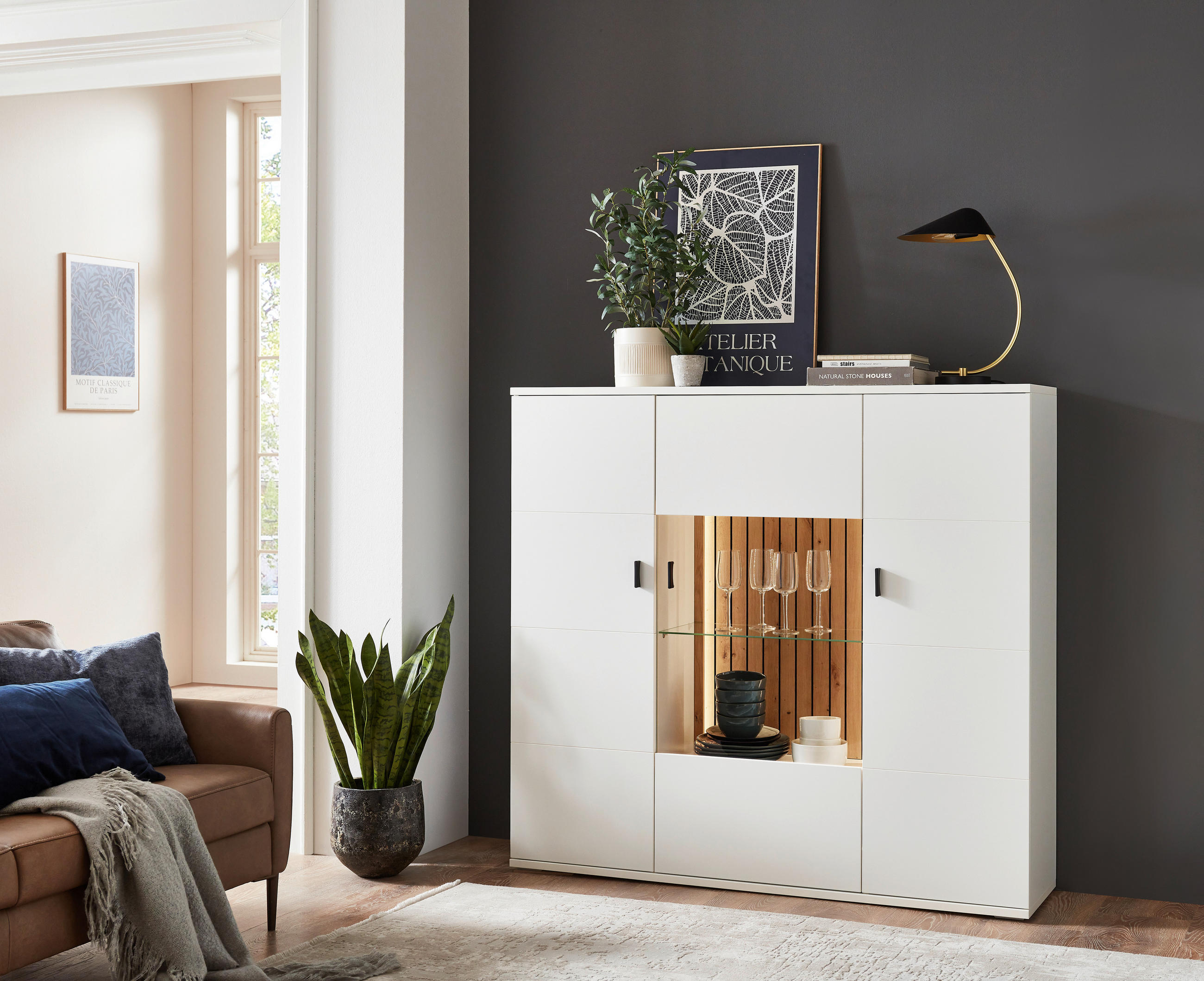 HIGHBOARD Weiss, Eiche Artisan  149,6/138,8/37,4 cm  - Weiss/Anthrazit, Design, Glas/Holzwerkstoff (149,6/138,8/37,4cm) - Stylife