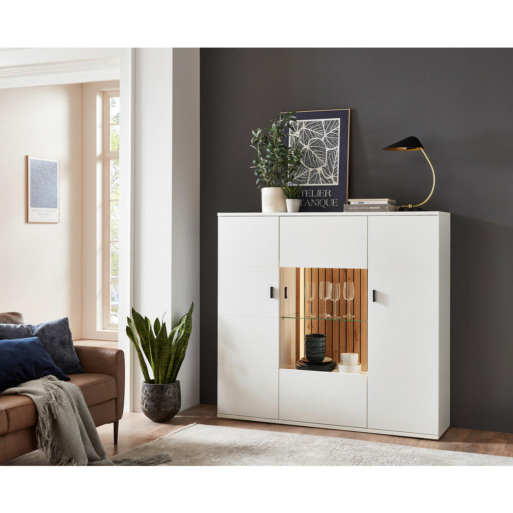 Thumbnail - Stylife Highboard, Weiß, Eiche Artisan, Metall, 9 Fächer, 149.6x138.8x37.4 cm, Beimöbel erhältlich, stehend, Beleuchtung...