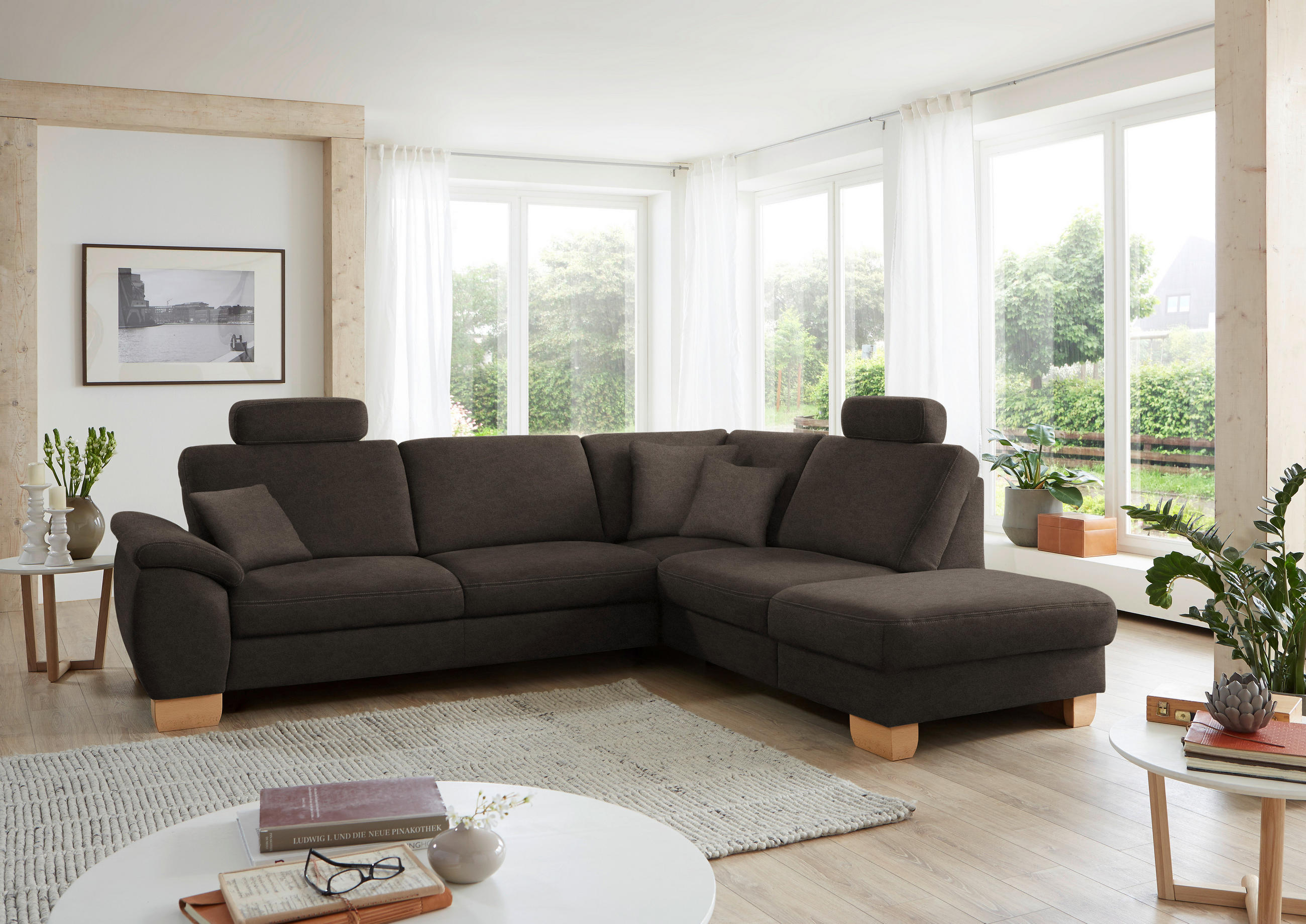 ECKSOFA in Mikrofaser Mokka  - Wildeiche/Beige, Natur, Holz/Textil (286/236cm) - Voleo