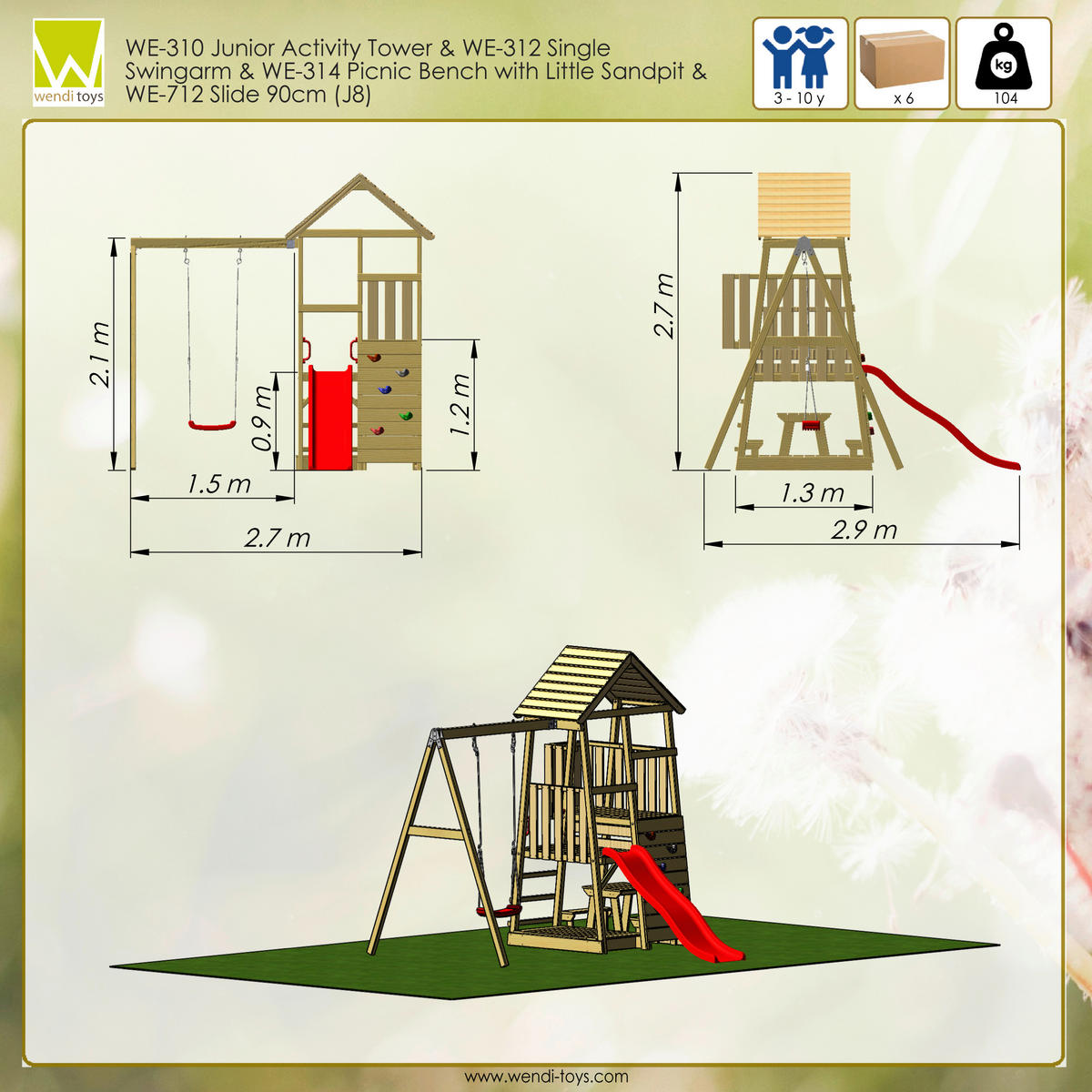 SPIELTURM 270/270/290 cm  - Rot/Naturfarben, KONVENTIONELL, Holz (270/270/290cm) - Ambia Garden