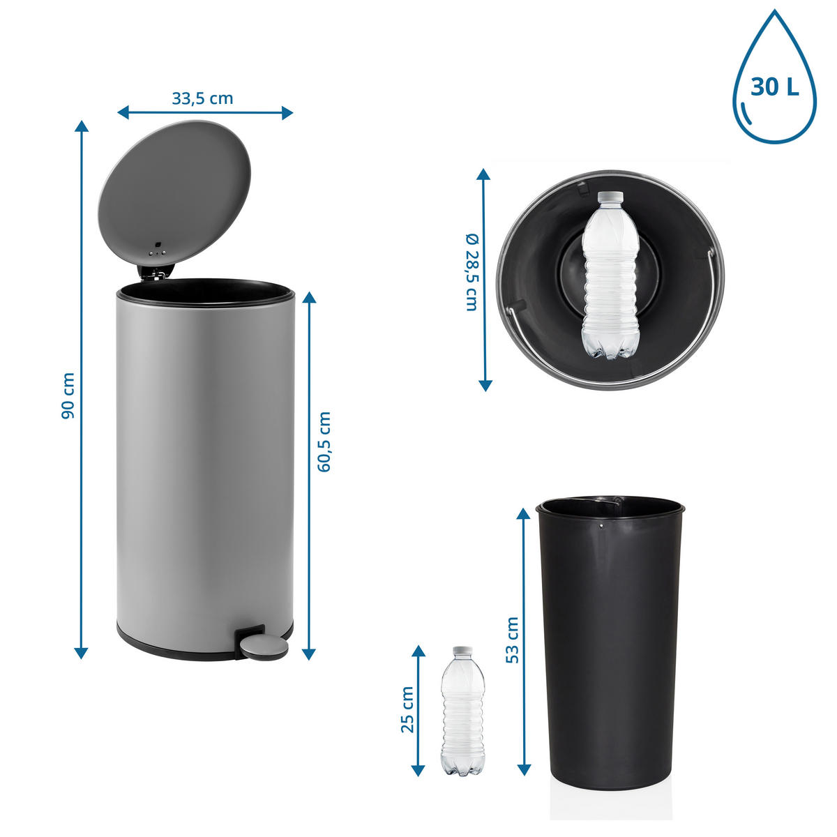 ABFALLEIMER 30 l  Metall  - Schwarz/Grau, MODERN, Kunststoff/Metall (33,5/60,5/29cm) - MID.YOU