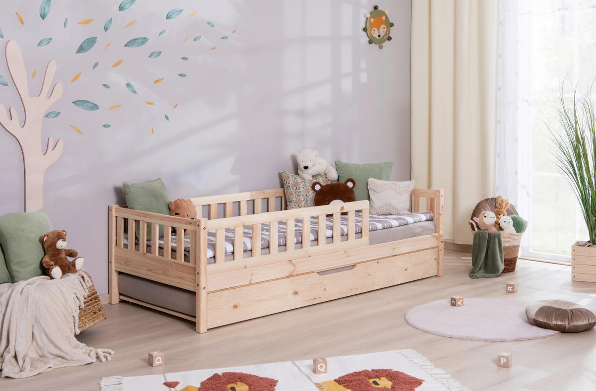 HAUSBETT 100/200 cm,  in Naturfarben, Absturzsicherung, Matratze, Rollrost, Bettkasten  - Naturfarben, MODERN, Holz/Textil (100/200cm) - MID.YOU