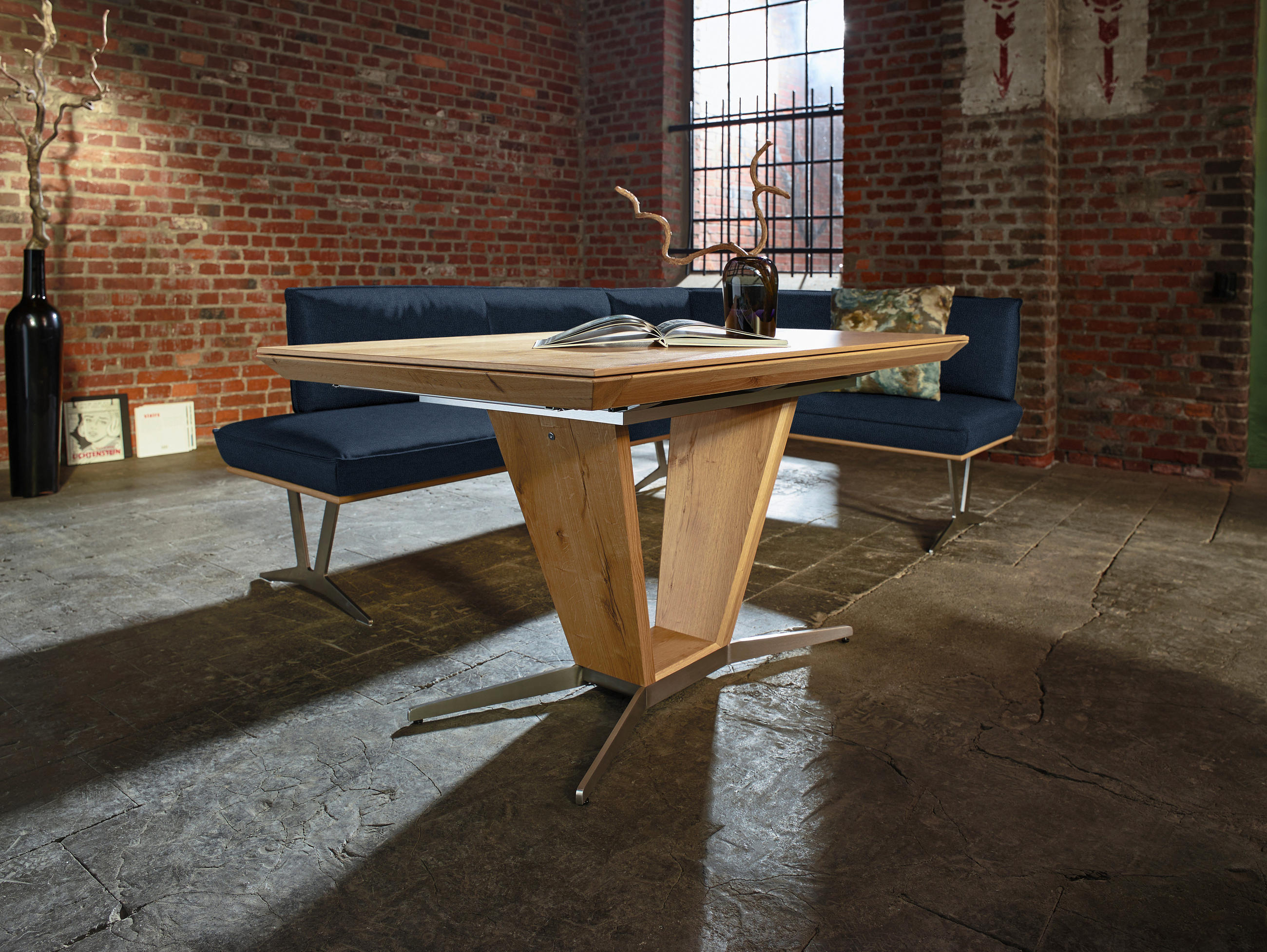 ECKBANK in Holz, Metall, Leder Dunkelblau  - Edelstahlfarben/Beige, Design, Leder/Holz (257/152cm) - Ambiente