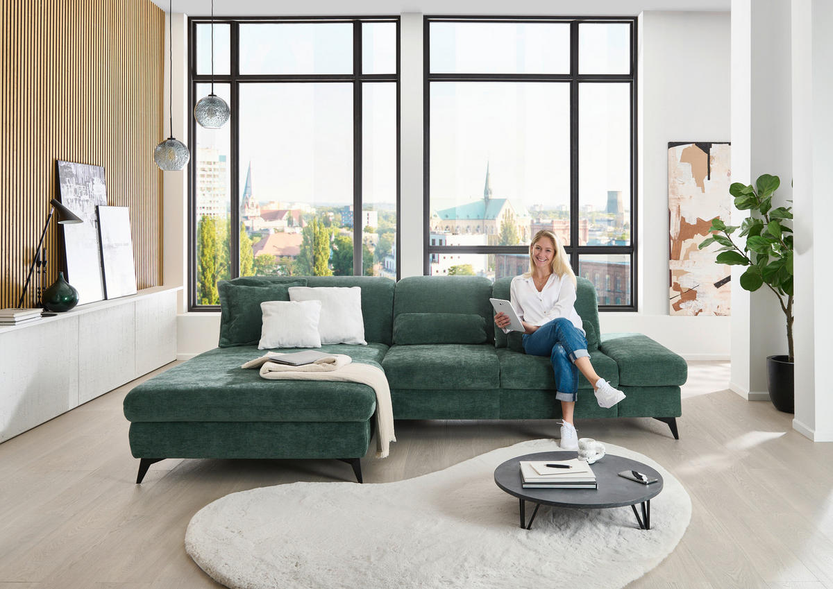 ECKSOFA Dunkelgrün Chenille  - Dunkelgrün/Schwarz, Design, Textil/Metall (198/288cm) - Beldomo Style