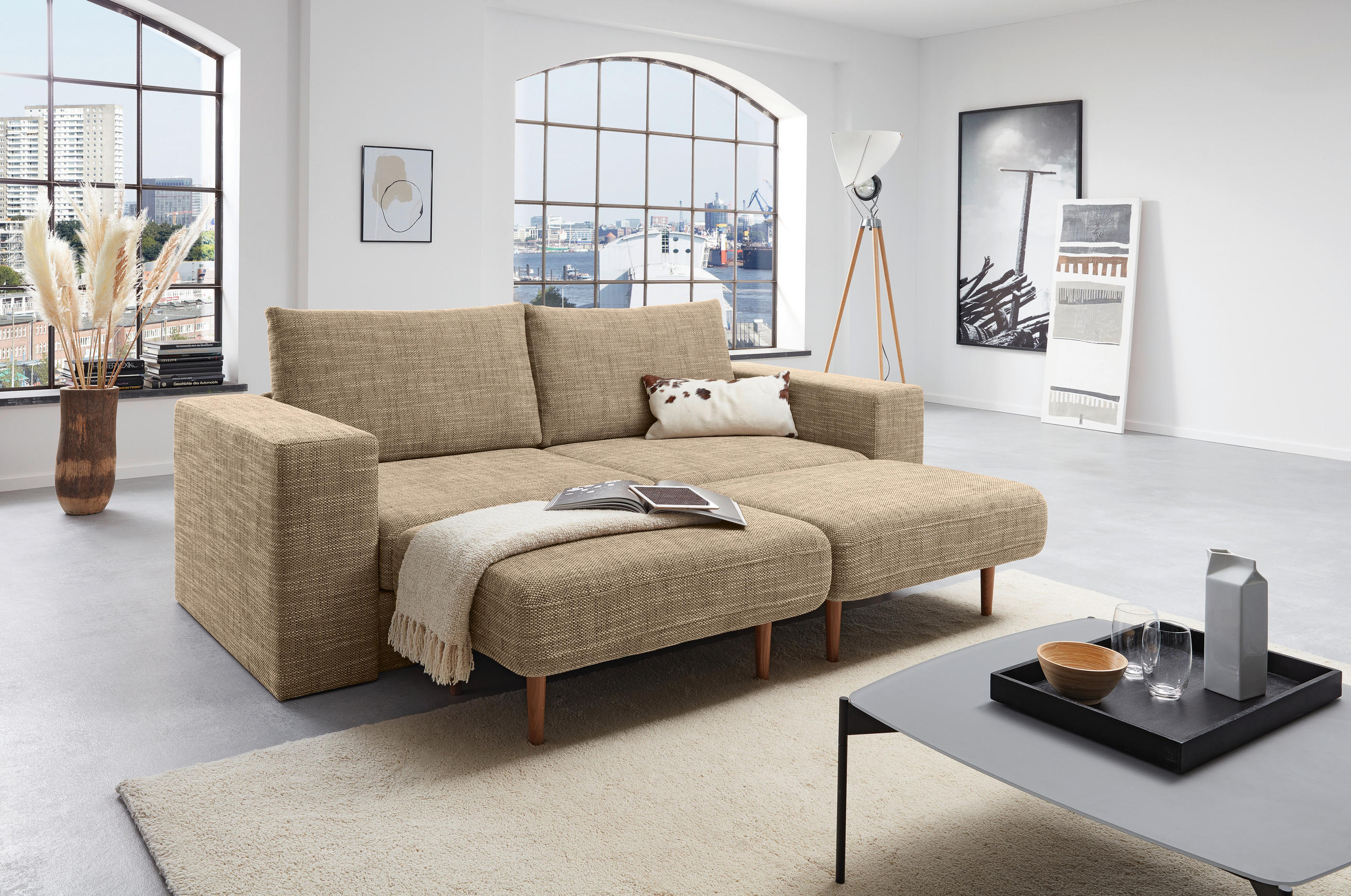 DREISITZER-SOFA inkl. Hocker Webstoff Braun, Beige  - Eichefarben/Beige, Design, Holz/Textil (212/96/107cm) - LOOKS by W.Joop