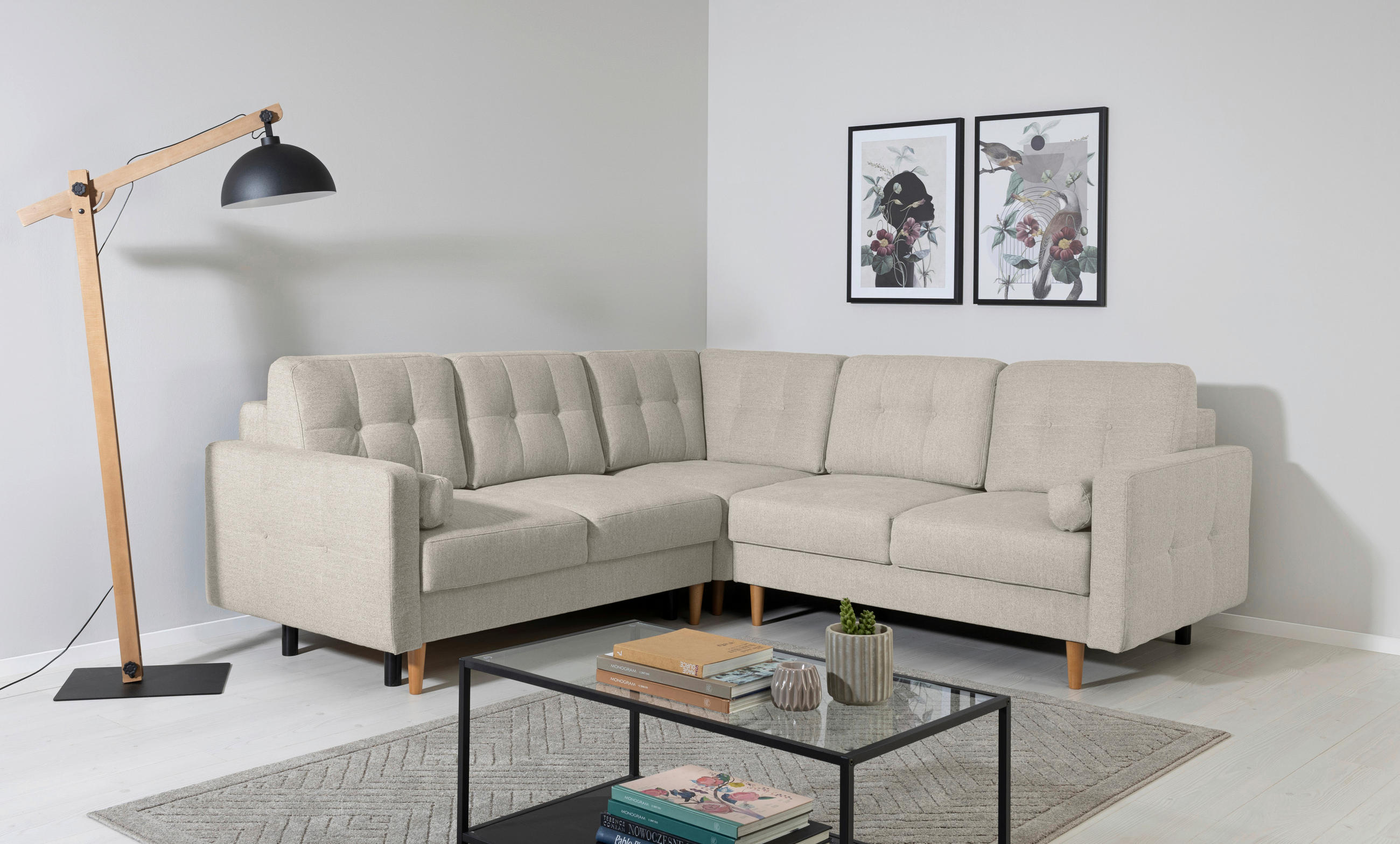 ECKSOFA Noret Hellgrau  - Buchefarben/Hellgrau, Design, Holz/Textil (242/242cm) - MID.YOU