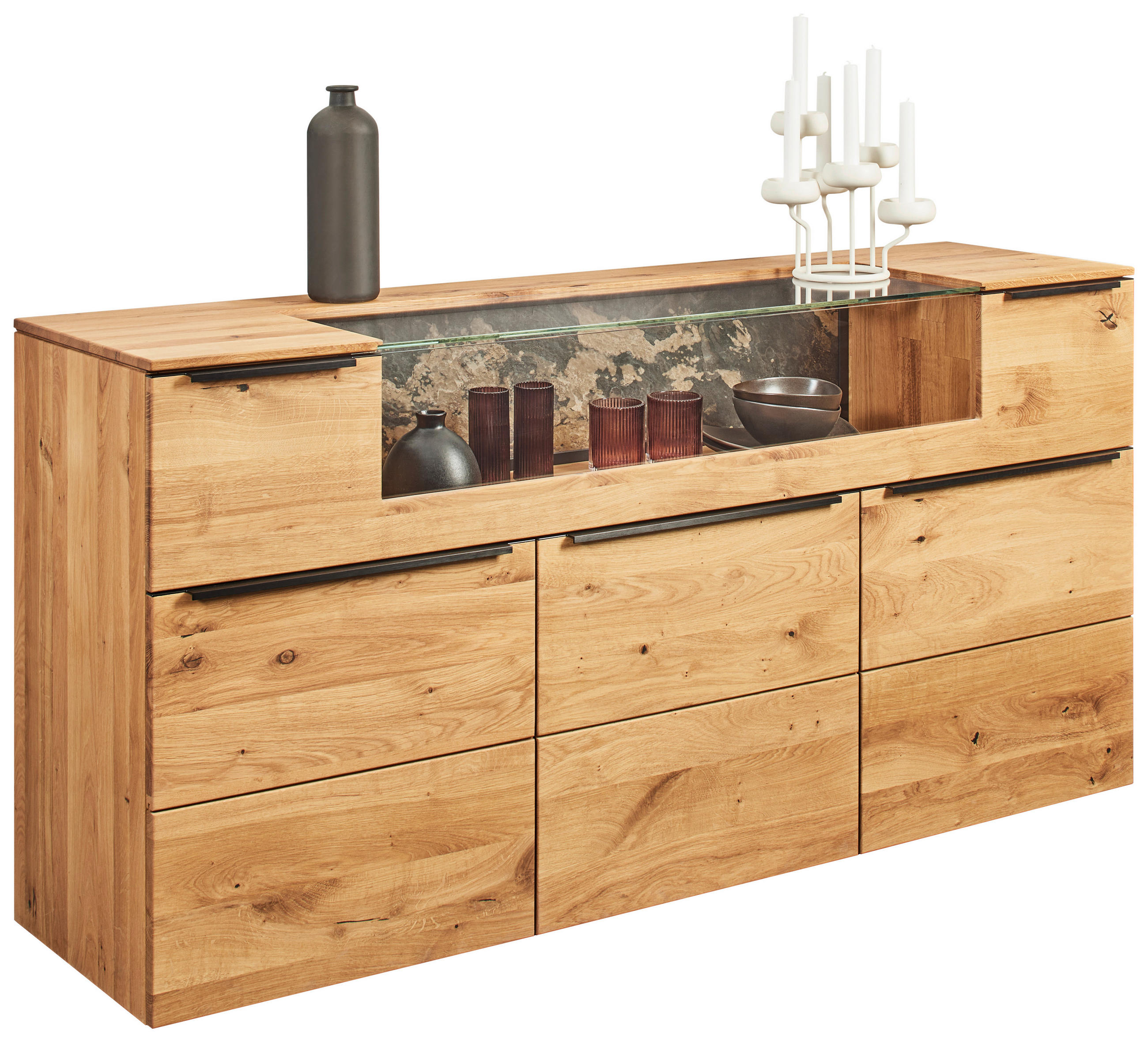 SIDEBOARD Eichefarben  180/90,5/47,1 cm  - Eichefarben/Schwarz, Natur, Glas/Holz (180/90,5/47,1cm) - Valnatura