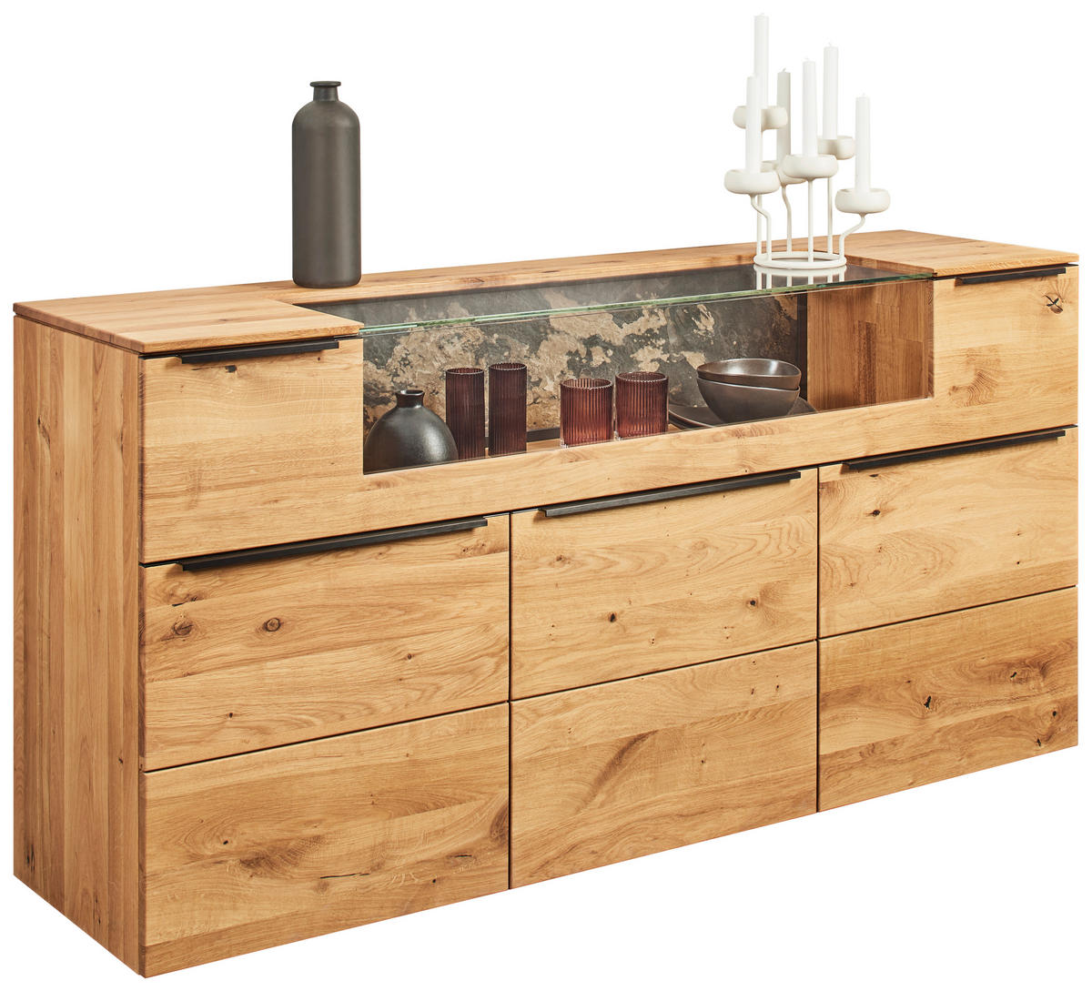 SIDEBOARD Eichefarben  180/90,5/47,1 cm  - Eichefarben/Schwarz, Natur, Glas/Holz (180/90,5/47,1cm) - Valnatura