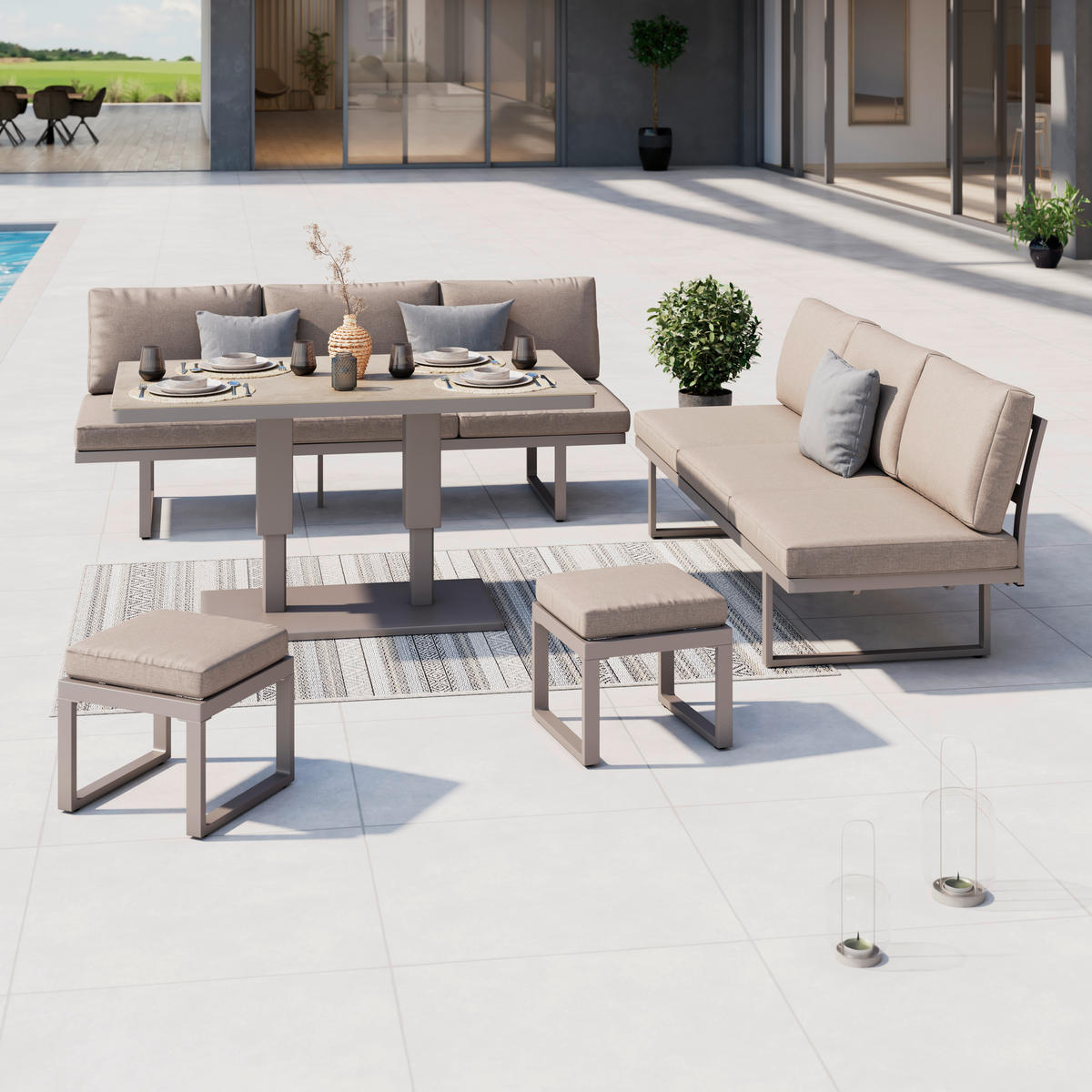 DINING-LOUNGESET Aluminium  - Beige/Hellgrau, MODERN, Glas/Textil - Ambia Garden