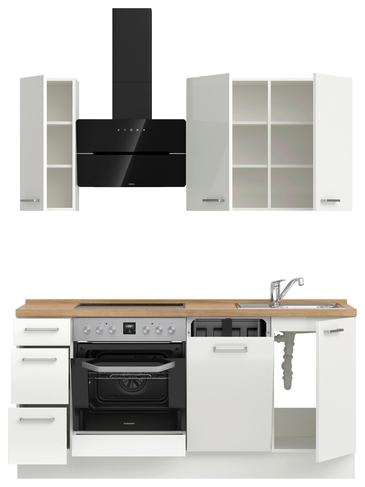 KÜCHENLEERBLOCK 180 cm   in Eichefarben, Weiß Hochglanz  - Edelstahlfarben/Eichefarben, MODERN, Holzwerkstoff/Metall (180cm) - Nobilia