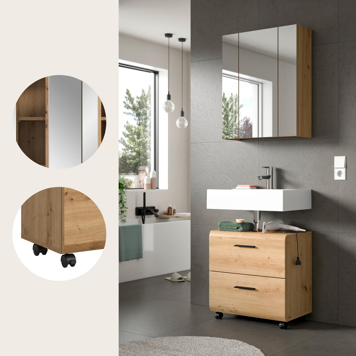 BADEZIMMER 2-teilig  in 60 cm  - Schwarz/Eiche Artisan, Trend, Glas/Holzwerkstoff (60cm) - MID.YOU