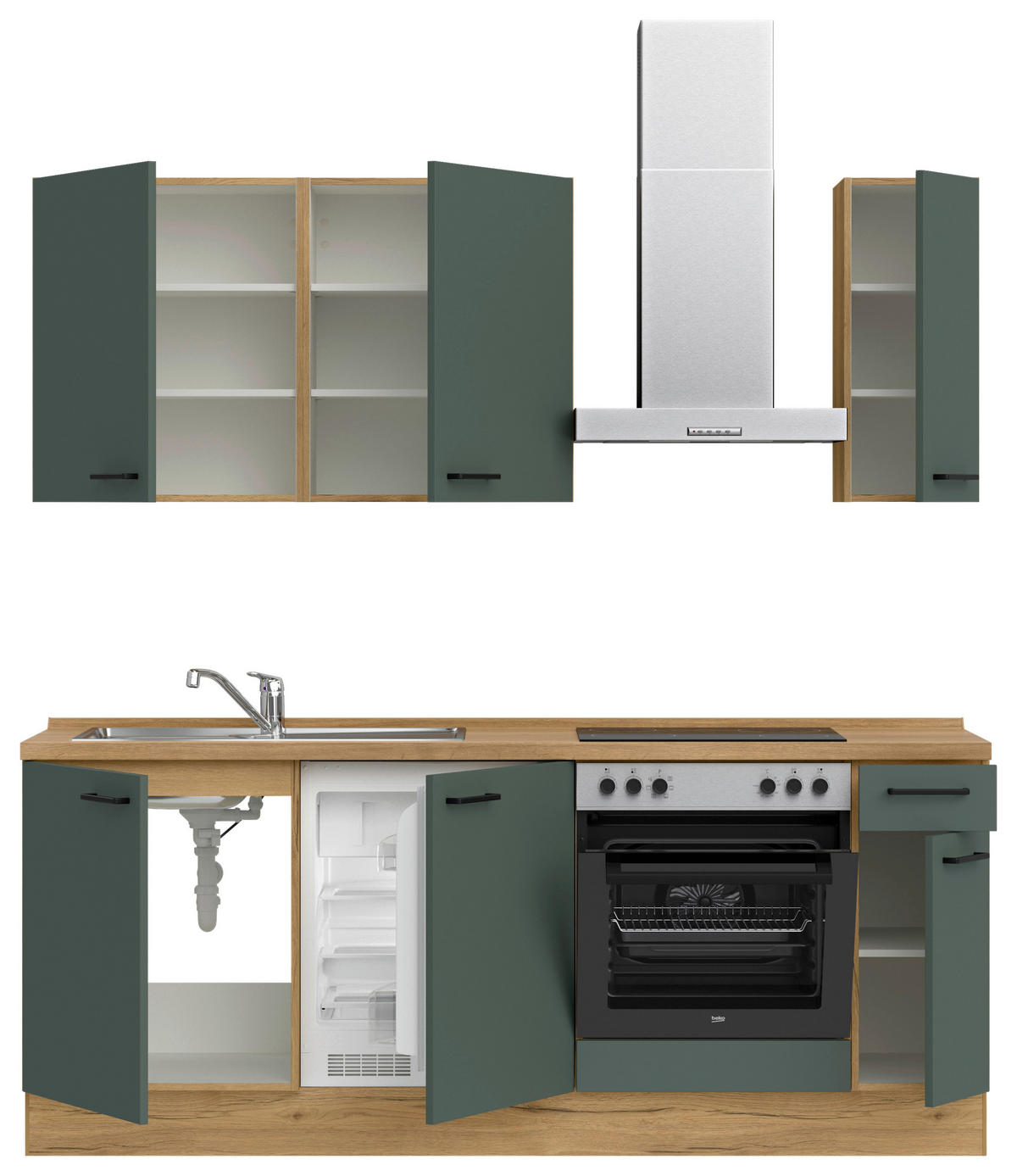 KÜCHENBLOCK Easytouch 210 cm  in Eichefarben, Dunkelgrün  - Dunkelgrün/Eichefarben, MODERN, Holzwerkstoff/Metall (210cm) - Nobilia