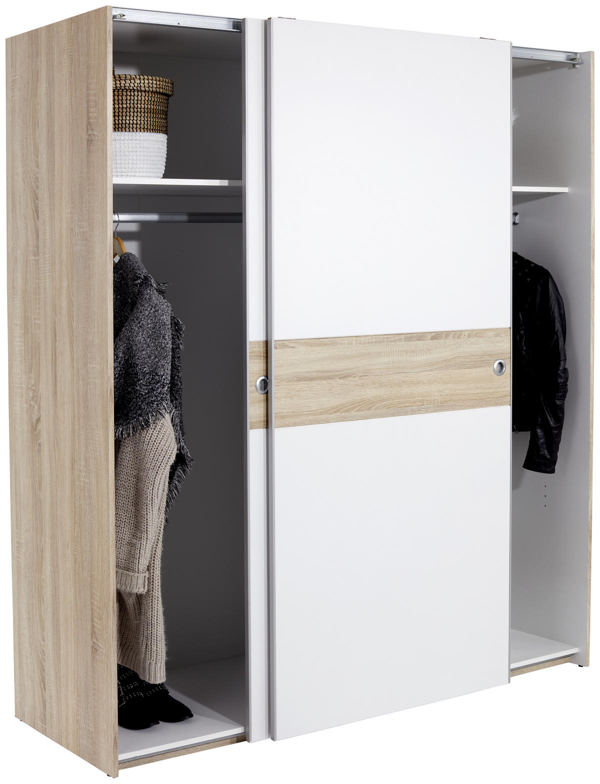 OMARA Z DRSNIMI VRATI, hrast sonoma, bela  - bela/barve aluminija, Konvencionalno, umetna masa/leseni material (170/196/60cm) - MID.YOU