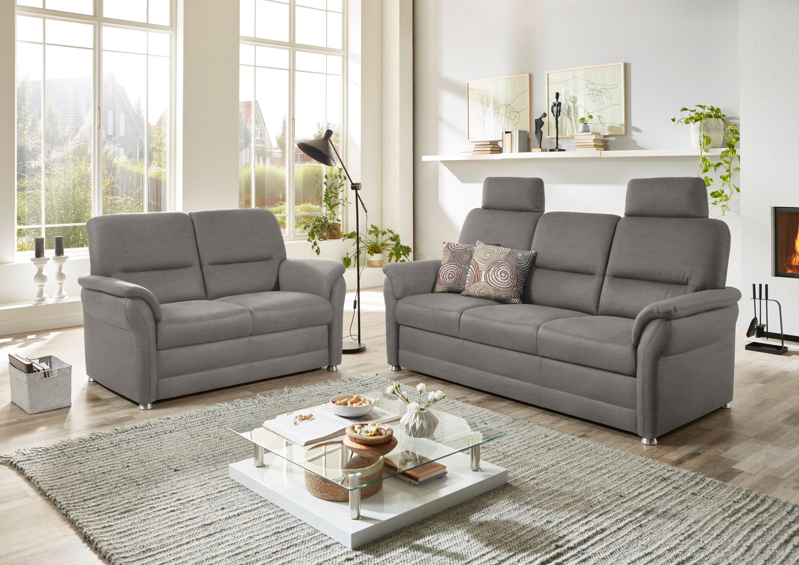 SITZGARNITUR Mikrofaser Hellgrau  - Hellgrau/Alufarben, KONVENTIONELL, Textil/Metall (192/96/89cm) - Beldomo Comfort