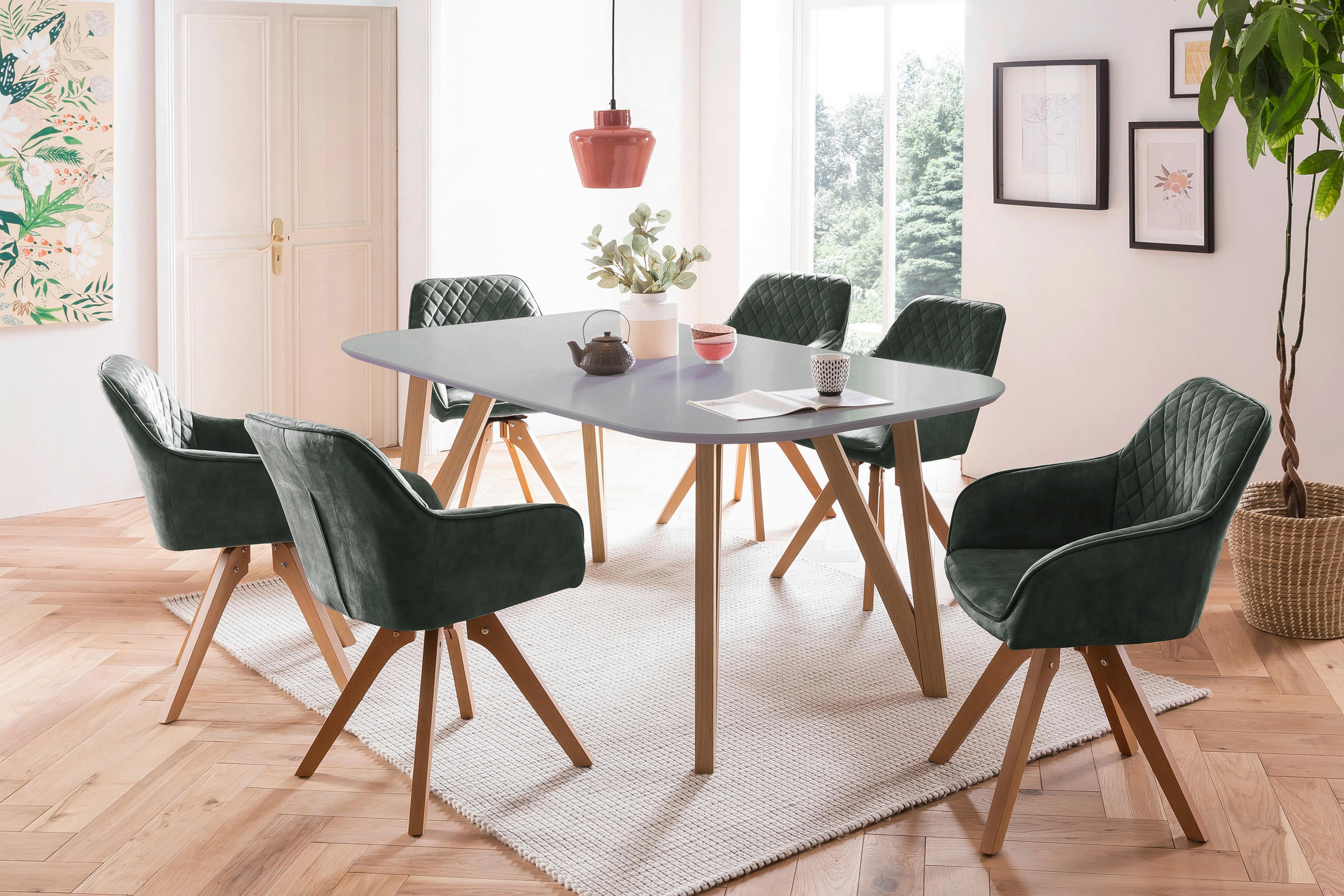 TISCHGRUPPE Grau, Dunkelgrün  - Dunkelgrün/Naturfarben, MODERN, Holz/Textil (180/90/76cm) - Livetastic