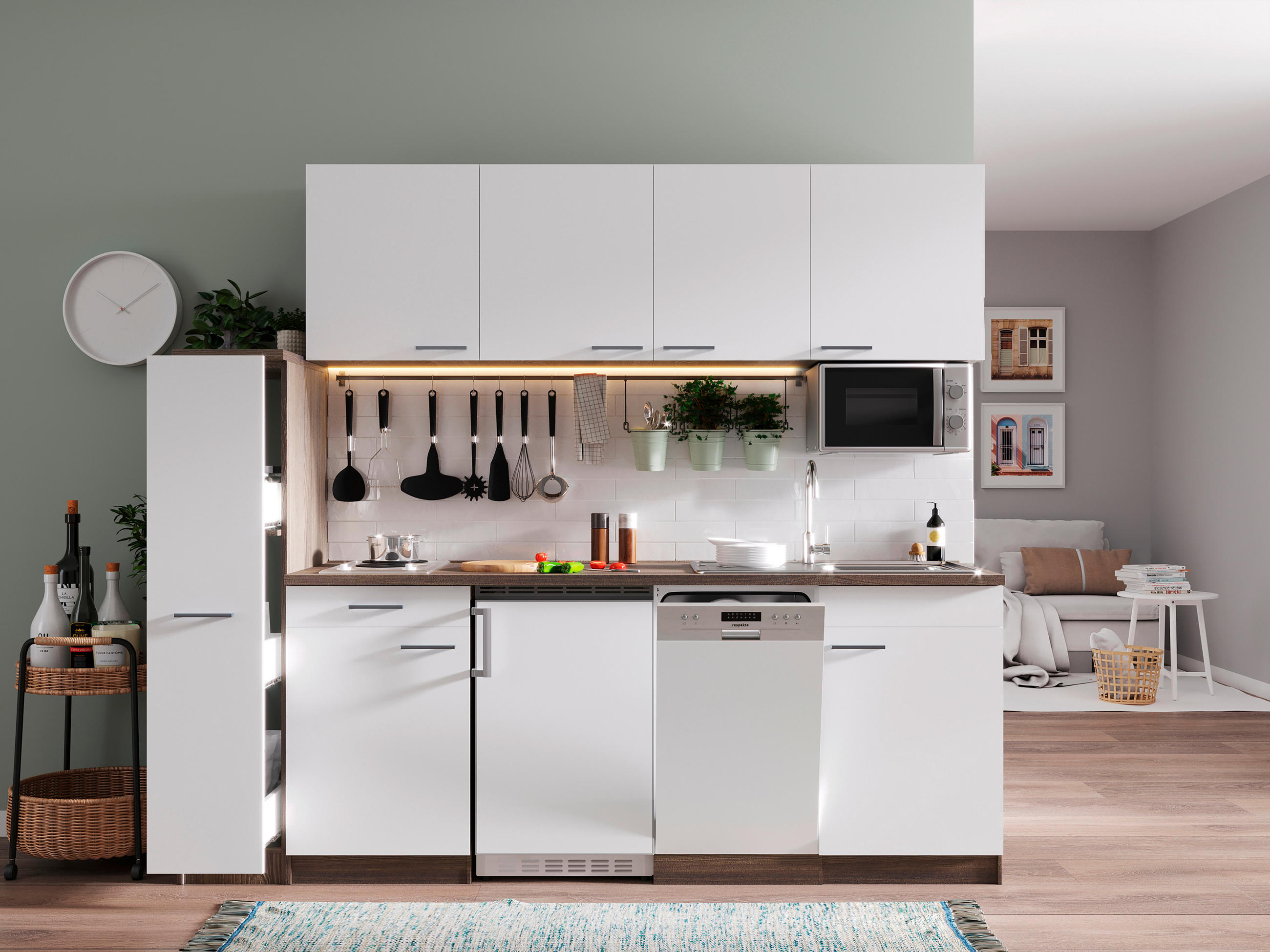 MODULKÖK 225 cm   i vit  - vit/aluminiumfärg, Basics, trämaterial/plast (225cm) - Respekta