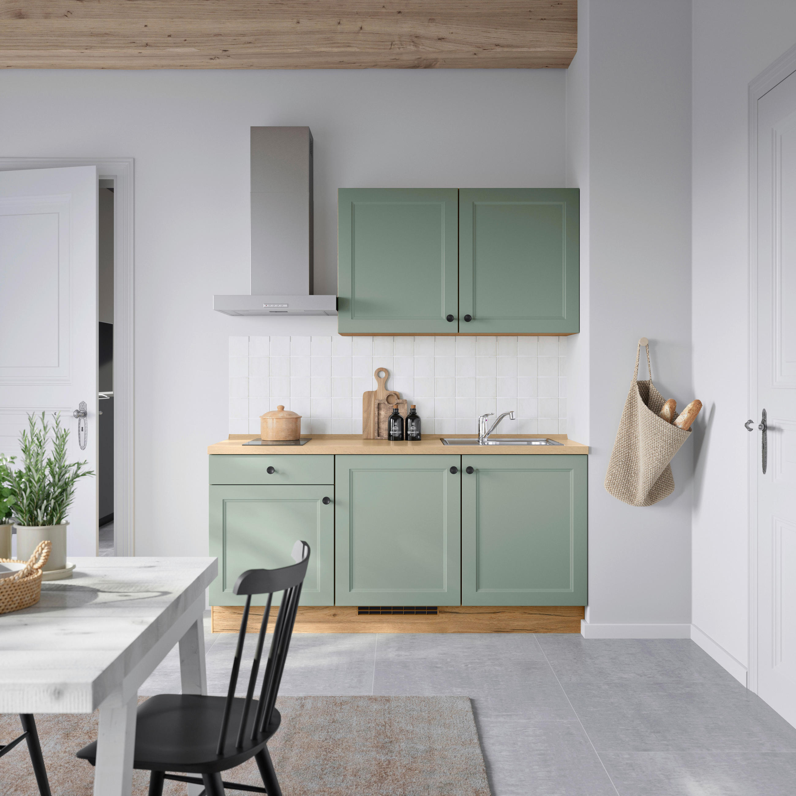 BUCĂTĂRIE FĂRĂ ELECTROCASNICE  - verde/culoare lemn stejar, Modern, metal/material pe bază de lemn (180cm) - Nobilia