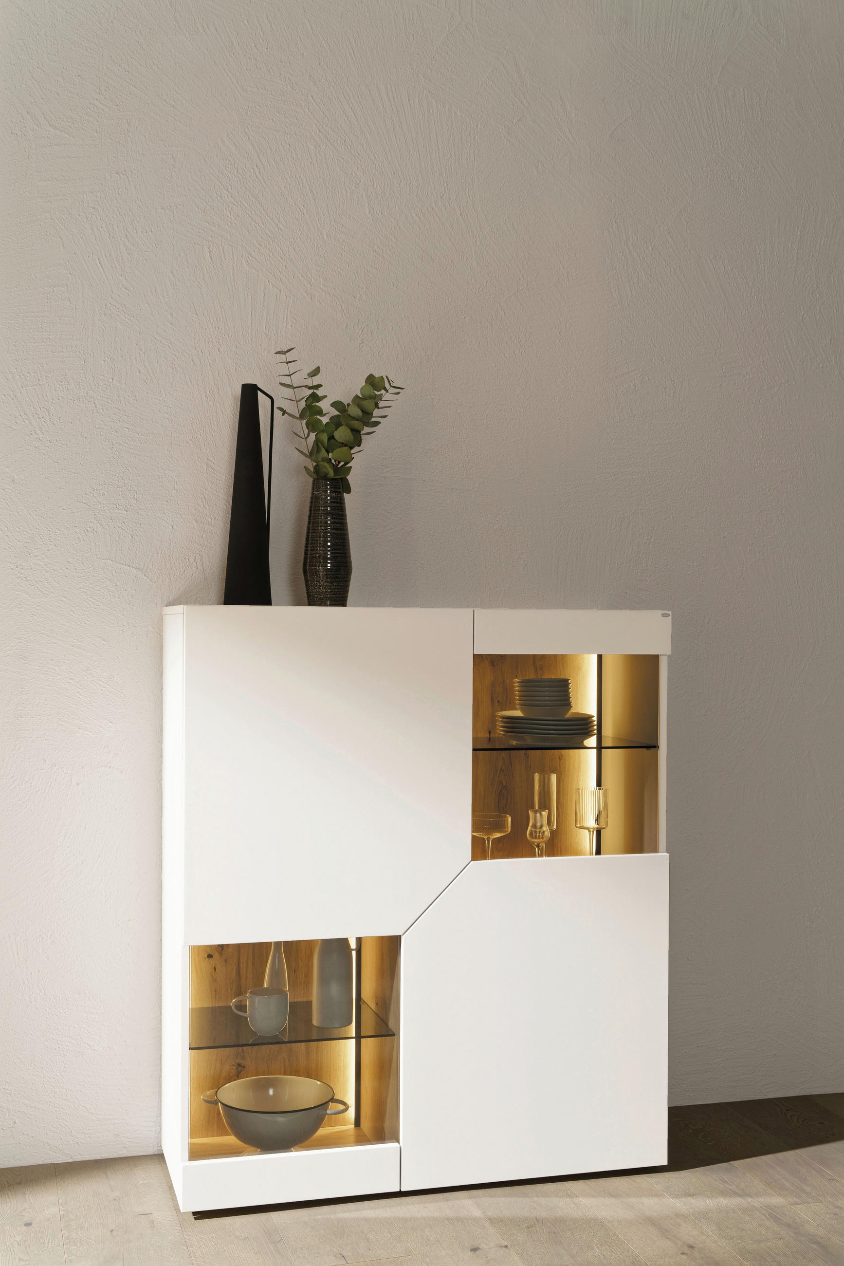 HIGHBOARD 112/130/43 cm Weiß, Wildeiche  112/130/43 cm  - Wildeiche/Schwarz, Design, Glas/Holz (112/130/43cm) - Voglauer