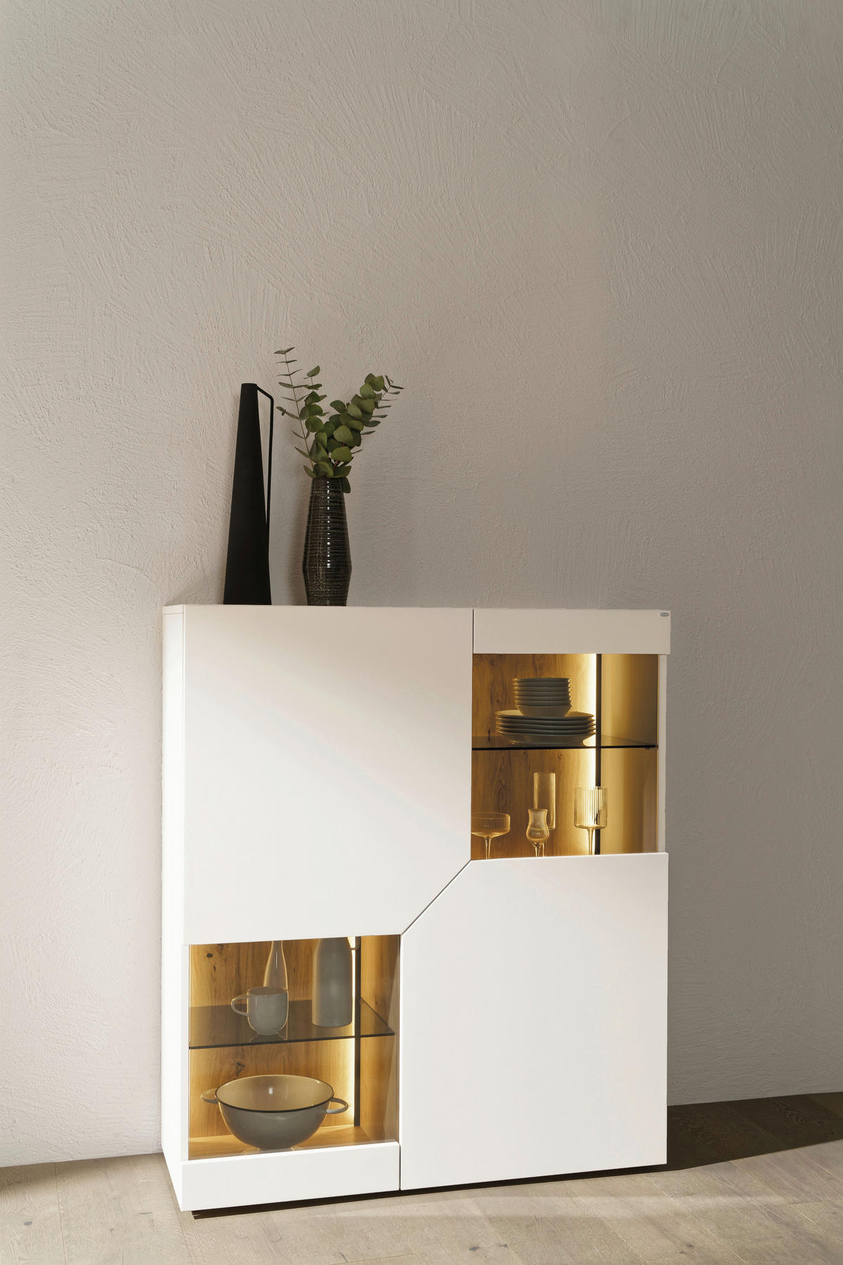HIGHBOARD Weiß, Wildeiche  112/130/43 cm  - Wildeiche/Weiß, Design, Glas/Holz (112/130/43cm) - Voglauer