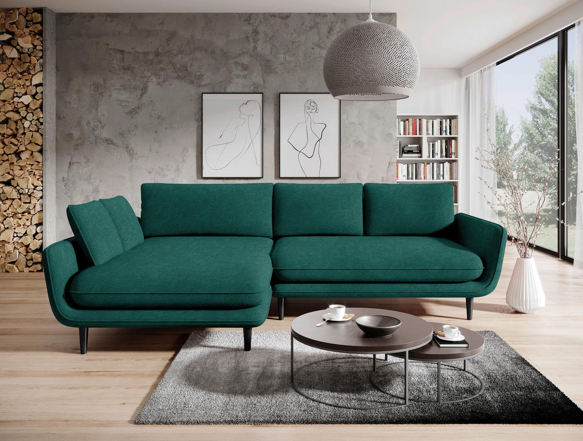 ECKSOFA in Velours Grün  167/260 cm  - Schwarz/Grün, Design, Holz/Textil (167/260cm) - Welnova