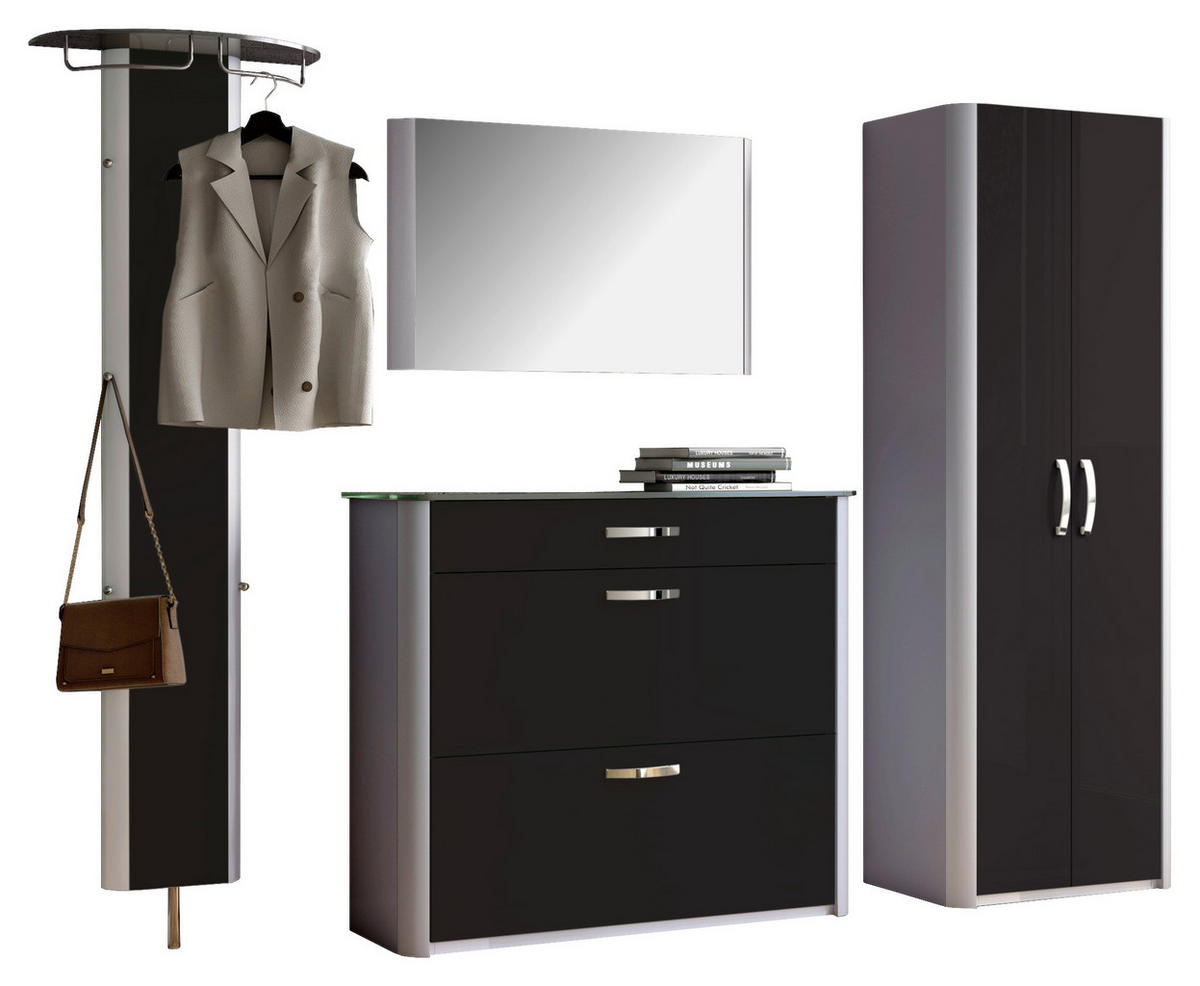 SCHUHSCHRANK Schwarz, Alufarben  - Chromfarben/Schwarz, Basics, Glas/Holzwerkstoff (117/97/28cm) - Moderano