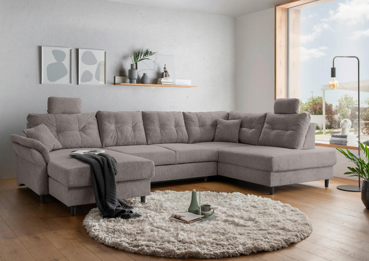 WOHNLANDSCHAFT in Chenille Graubraun  - Graubraun/Schwarz, Modern, Holz/Textil (176/338/206cm) - Livetastic