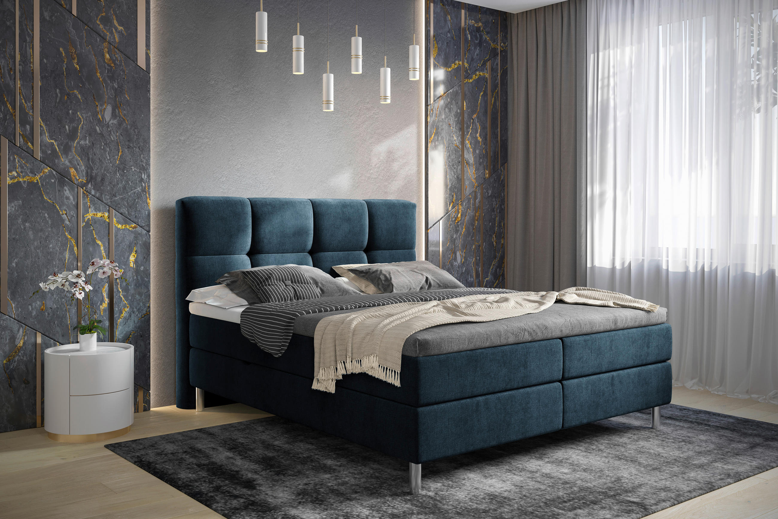 BOXBETT 180/200 cm  in Dunkelblau  - Chromfarben/Dunkelblau, Design, Holz/Holzwerkstoff (180/200cm) - Esposa