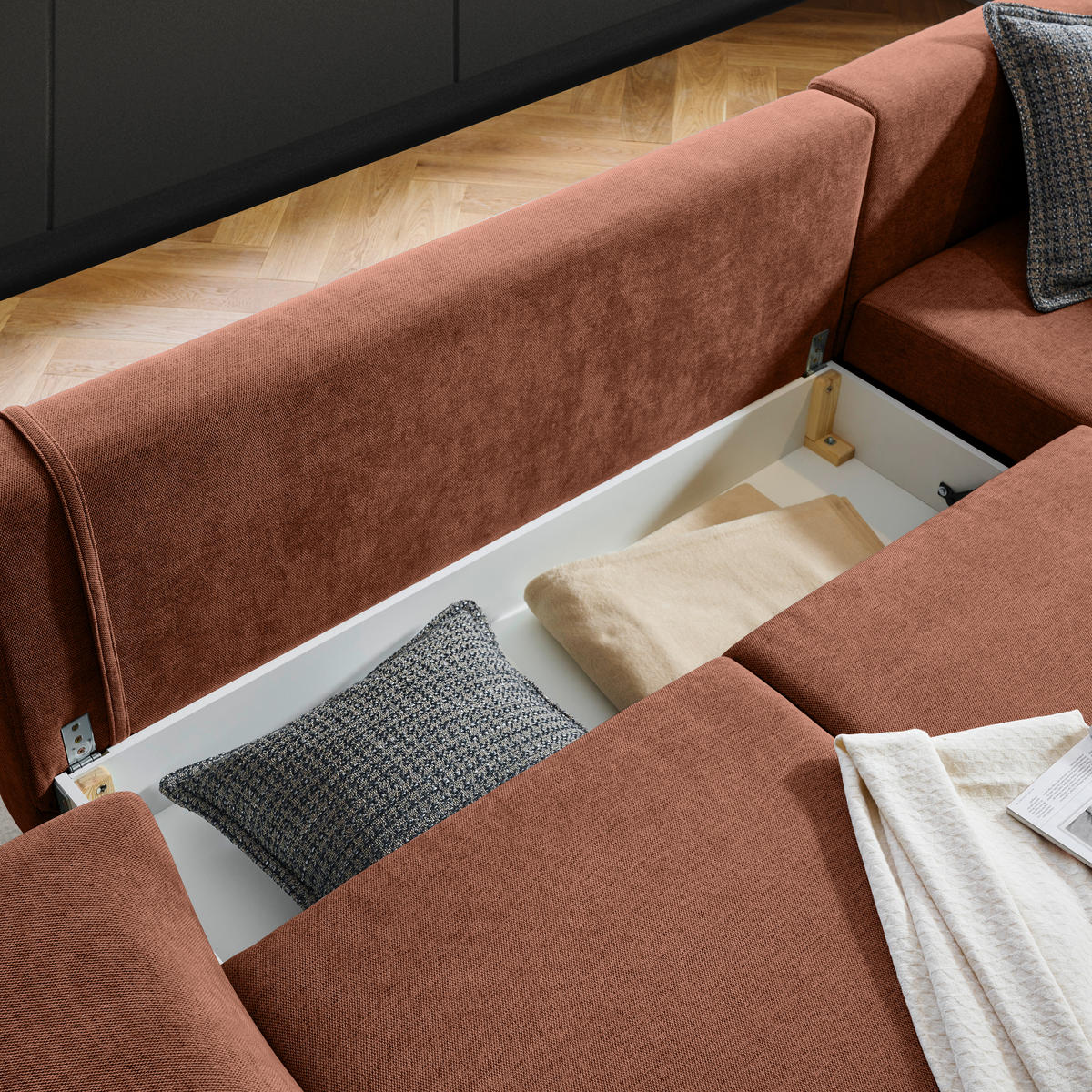 ECKSOFA inkl. Funktionen Terracotta Webstoff Rückenkissen, Bettkasten, Schlaffunktion, Rücken echt  - Wengefarben/Terracotta, Design, Holz/Textil (314/211cm) - Stylife