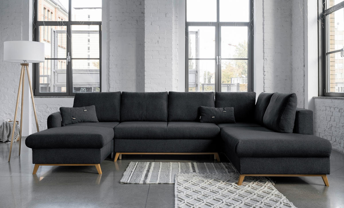 WOHNLANDSCHAFT in Chenille Dunkelgrau  - Dunkelgrau/Naturfarben, Holz/Textil (157/312/202cm) - MID.YOU