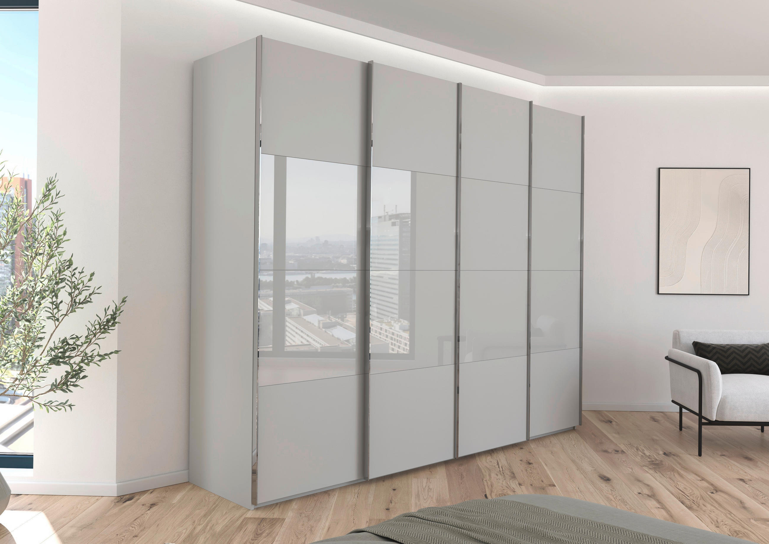 SCHWEBETÜRENSCHRANK 271/223/68 cm 4-türig Grau  - Chromfarben/Grau, KONVENTIONELL, Glas/Holzwerkstoff (271/223/68cm) - Novel