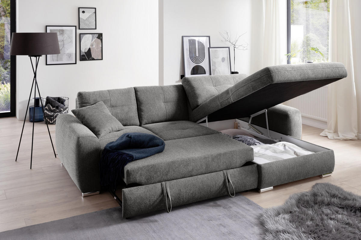 ECKSOFA in Mikrofaser Grau  - Chromfarben/Grau, Modern, Kunststoff/Textil (276/193cm) - Hom`in
